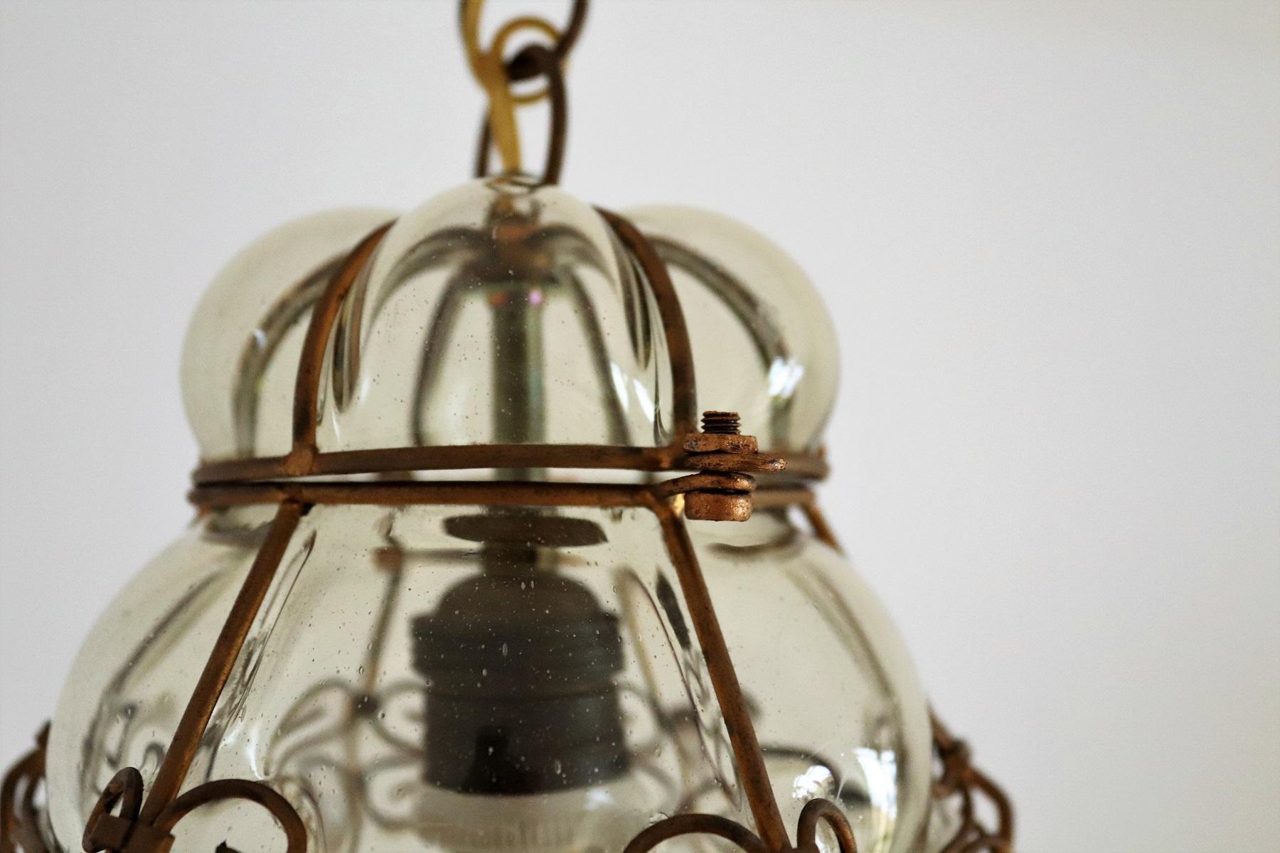 Mid-20th Century Italian Midcentury Murano Glass Lantern in Metal Cage and Amber Glass, 1950s