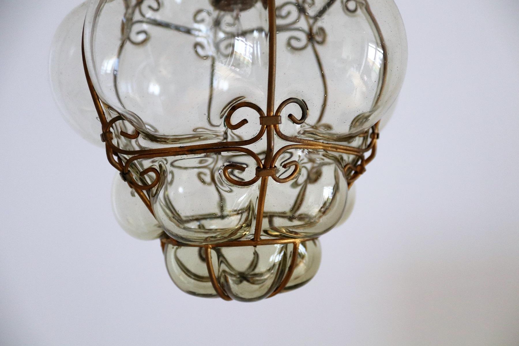 Italian Midcentury Murano Glass Lantern in Metal Cage and Amber Glass, 1950s 1