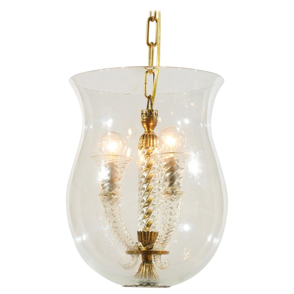 Italian Midcentury Murano Three-Light Cloche Pendant with Twisted Volutes