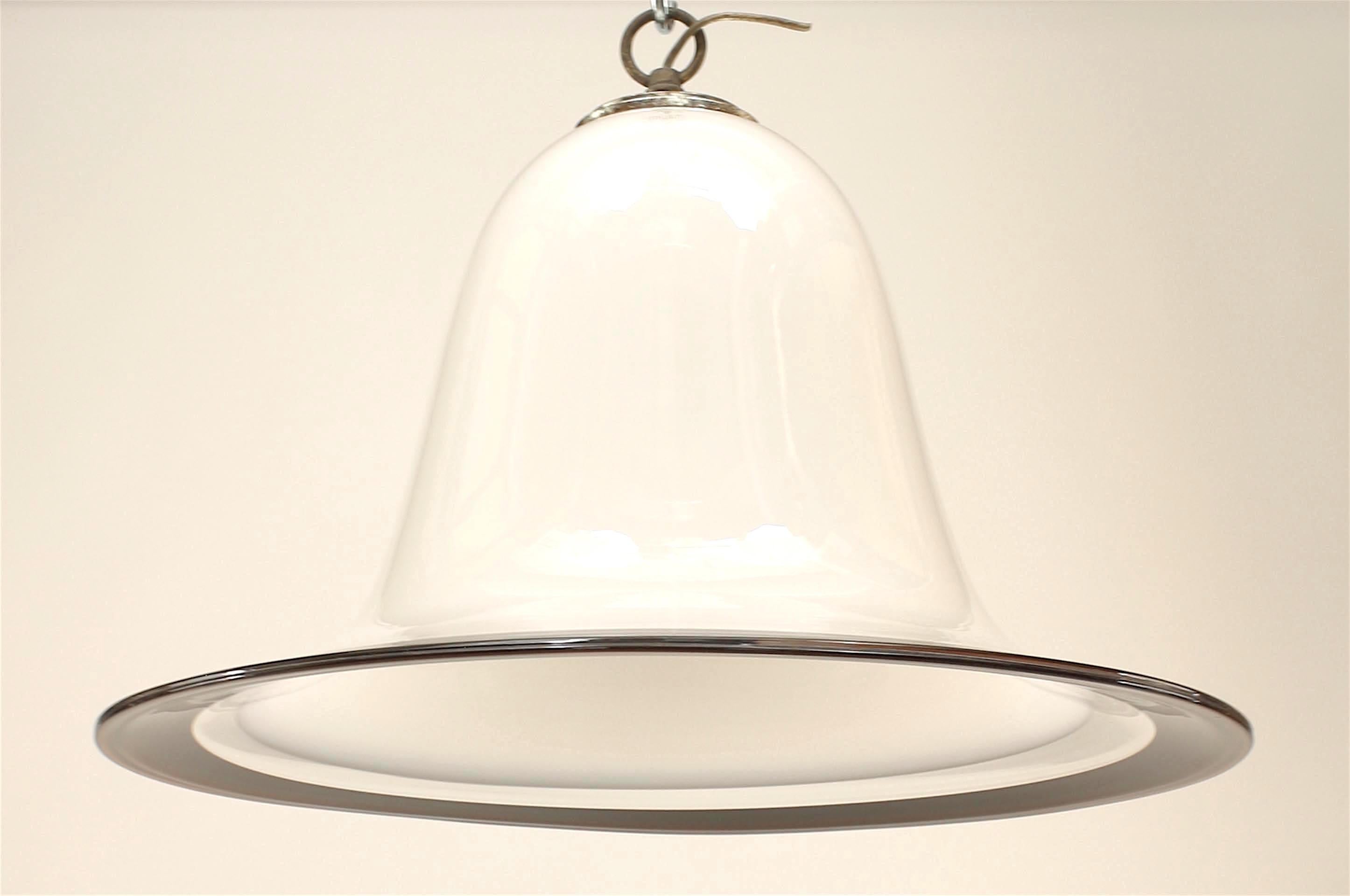 Italian 1950s bell shaped white glass hanging fixture with clear and aubergine rim bands. (signed: VETRI-MURANO).
 