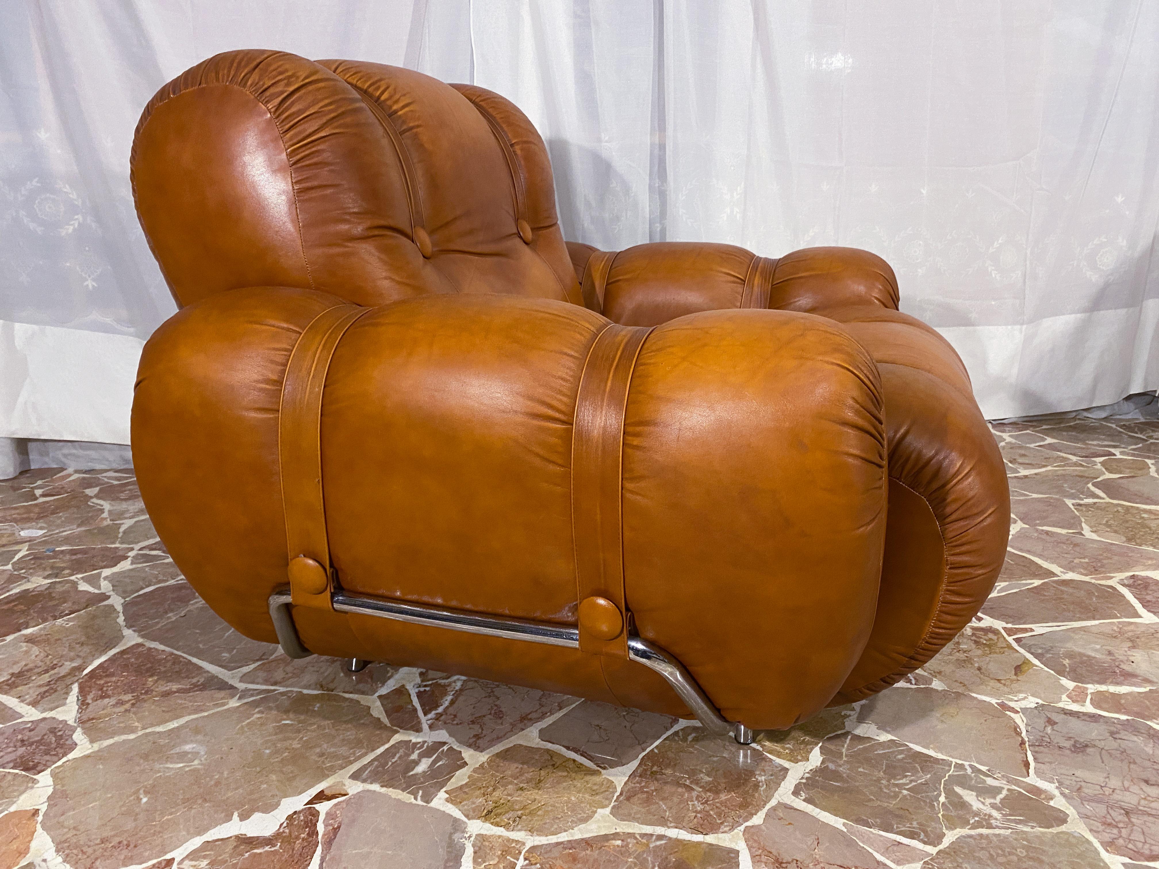 Italian Mid-Century Natural Leather Space Age Armchairs, 1970s For Sale 7