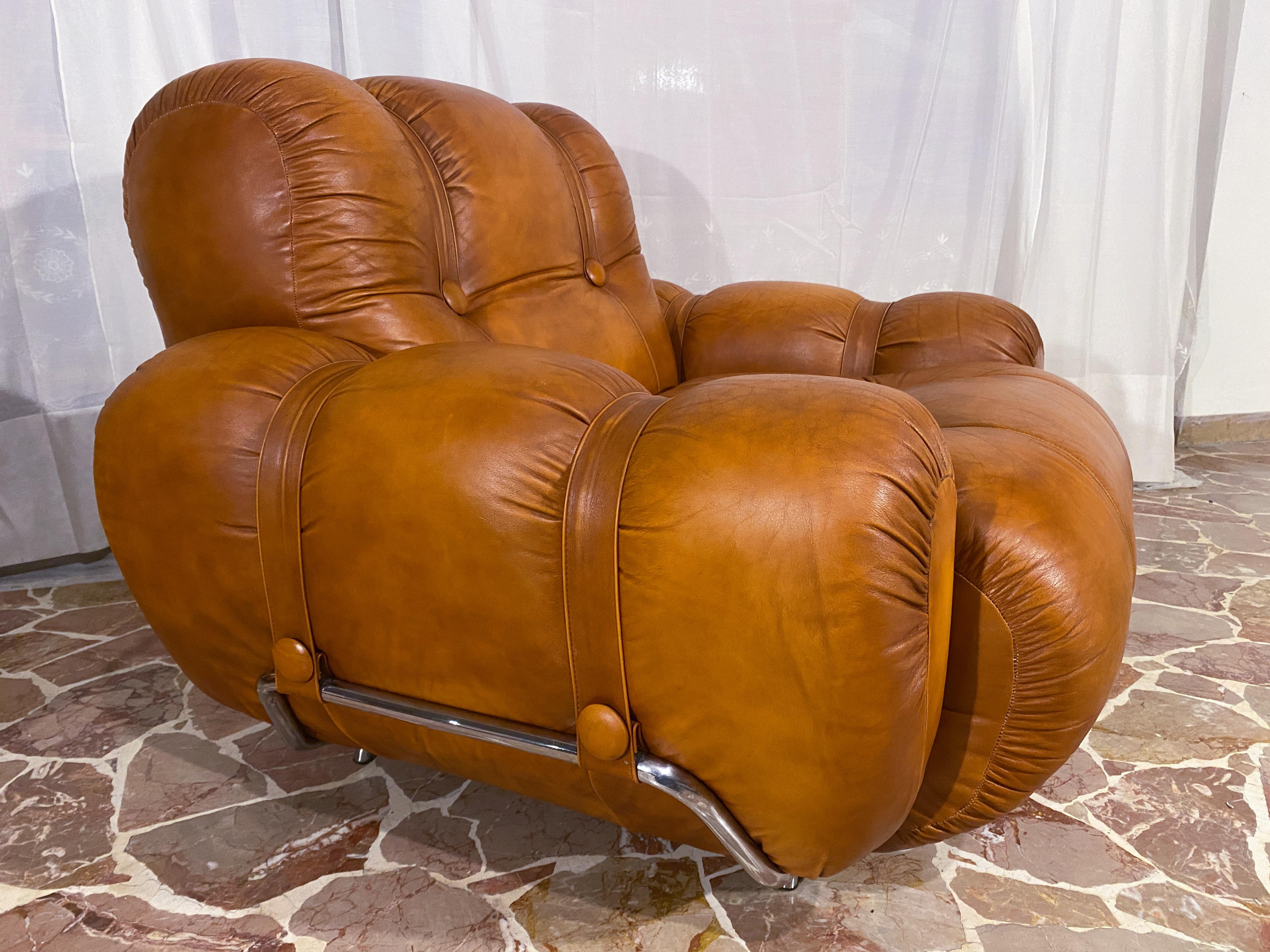 Italian Mid-Century Natural Leather Space Age Armchairs, 1970s For Sale 9