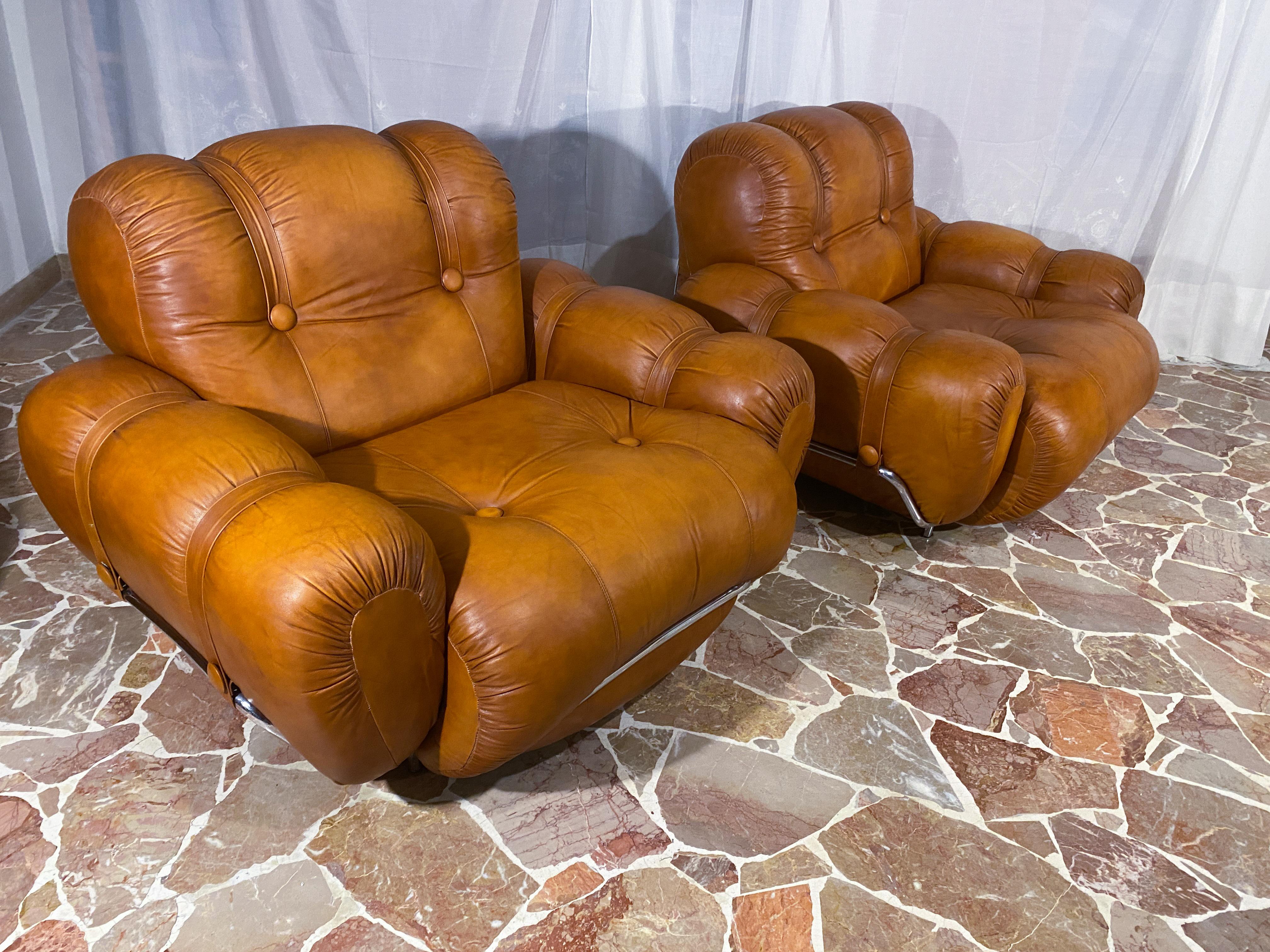 Italian Mid-Century Natural Leather Space Age Armchairs, 1970s For Sale 11