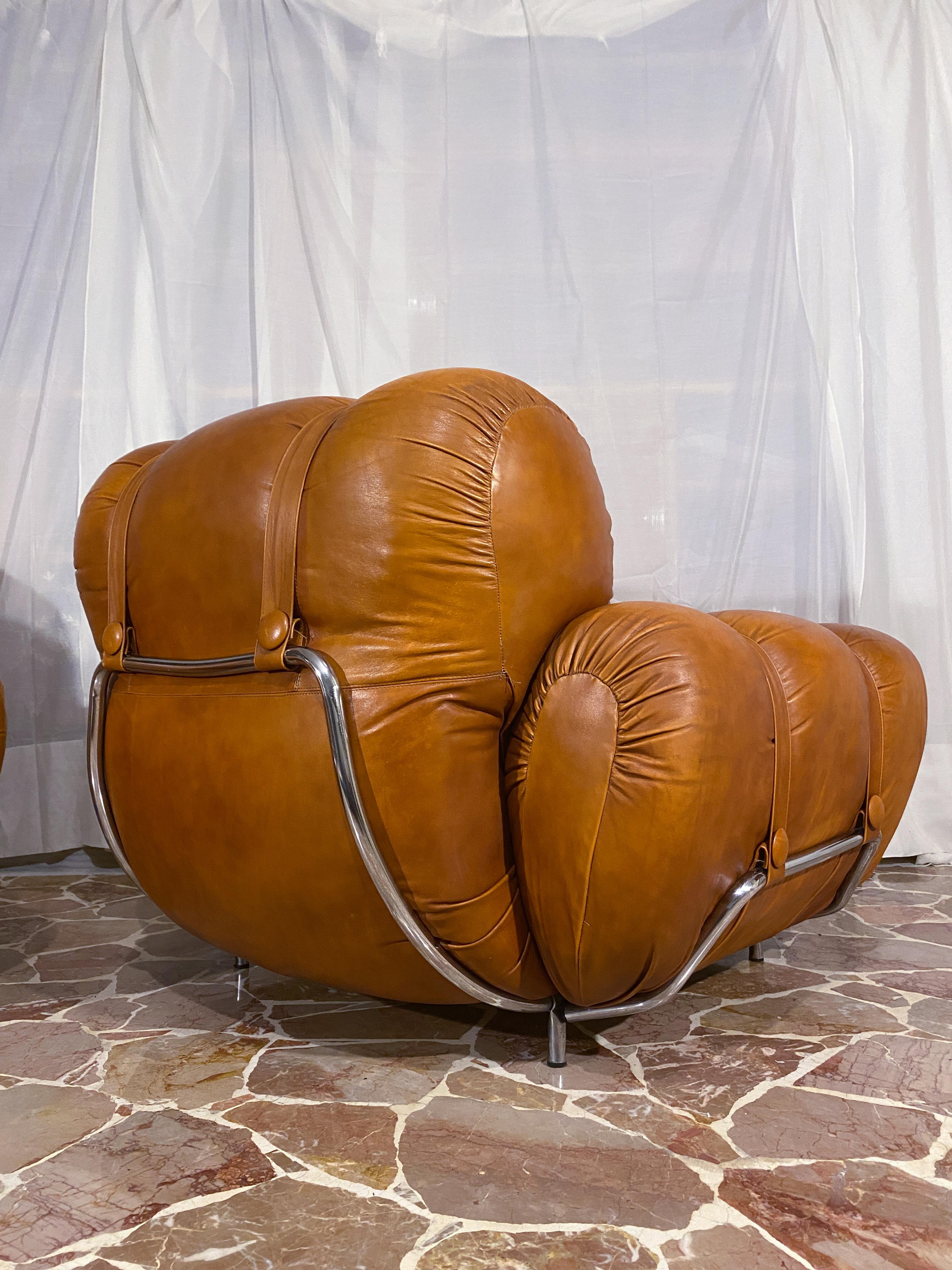 Italian Mid-Century Natural Leather Space Age Armchairs, 1970s For Sale 12