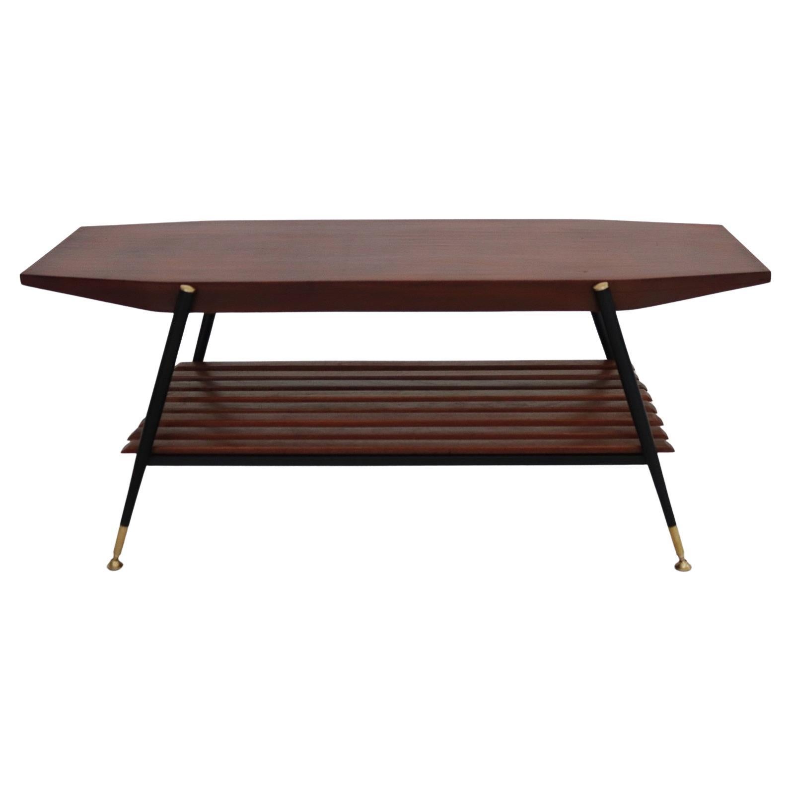 Italian Midcentury Octagonal Coffee Table in Mahogany Veneer with Brass Details For Sale