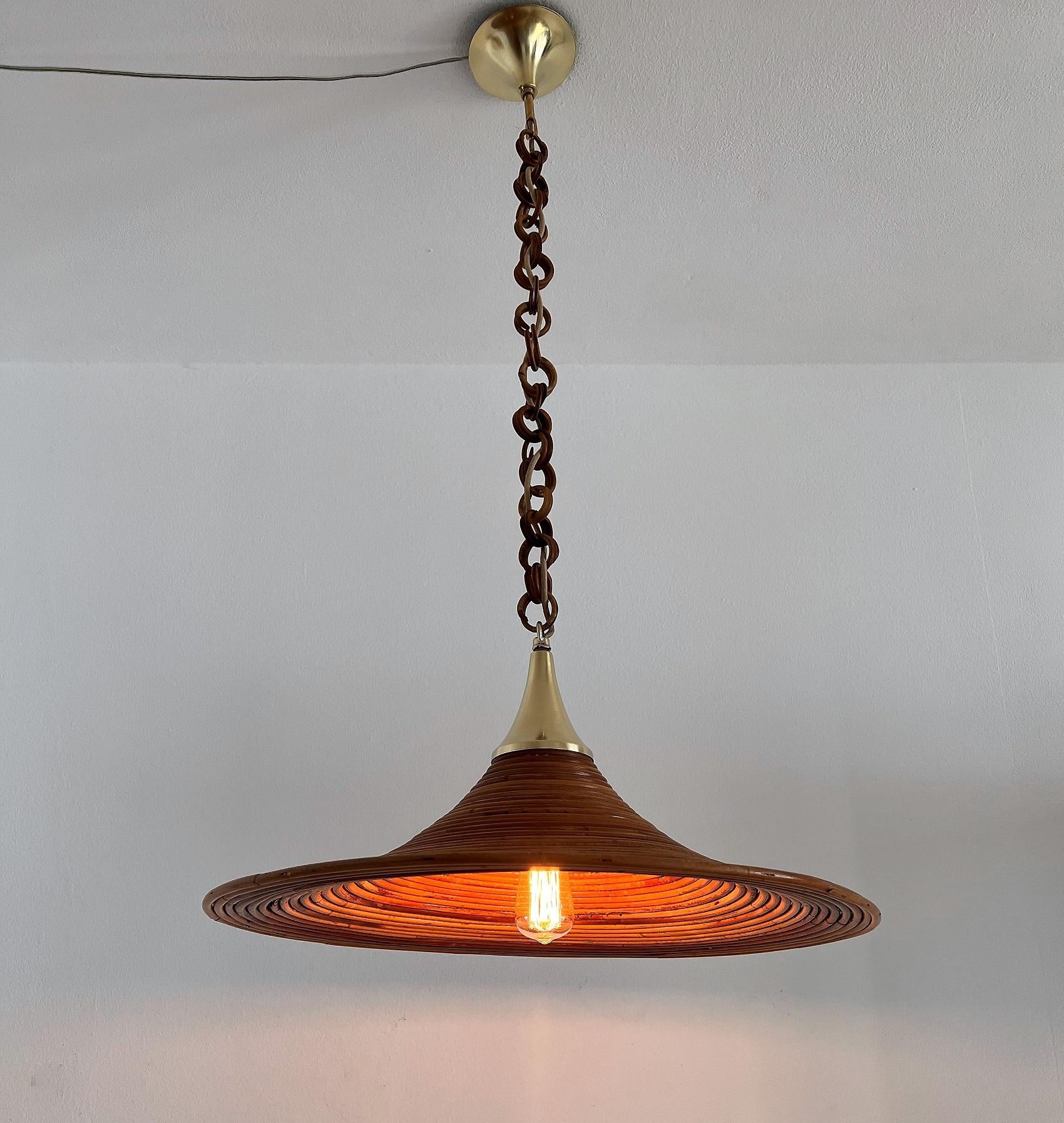 Italian Mid-Century Organic Bamboo Rattan and Brass Pendant Lamp, 1970s For Sale 1