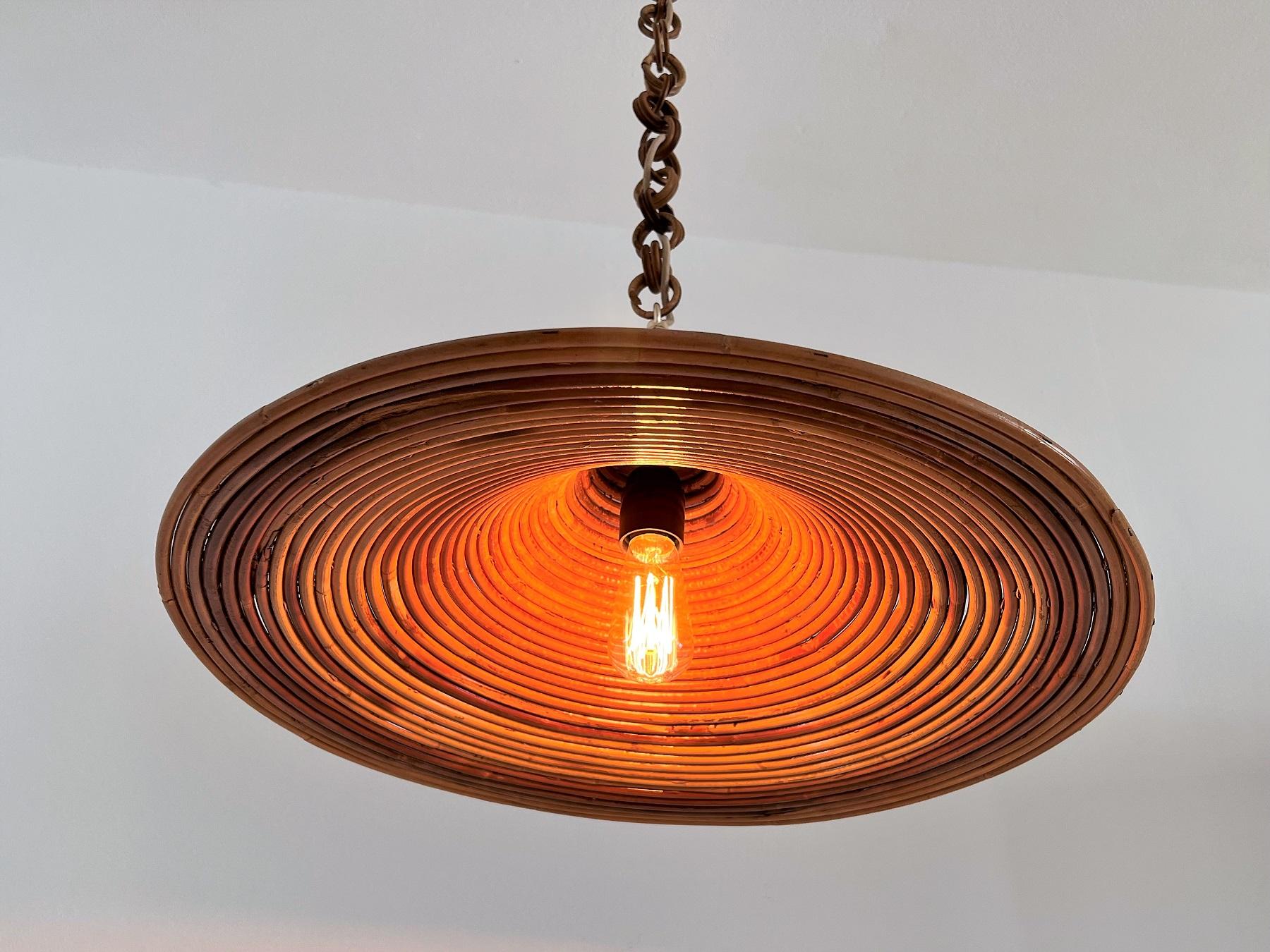 Italian Mid-Century Organic Bamboo Rattan and Brass Pendant Lamp, 1970s For Sale 2