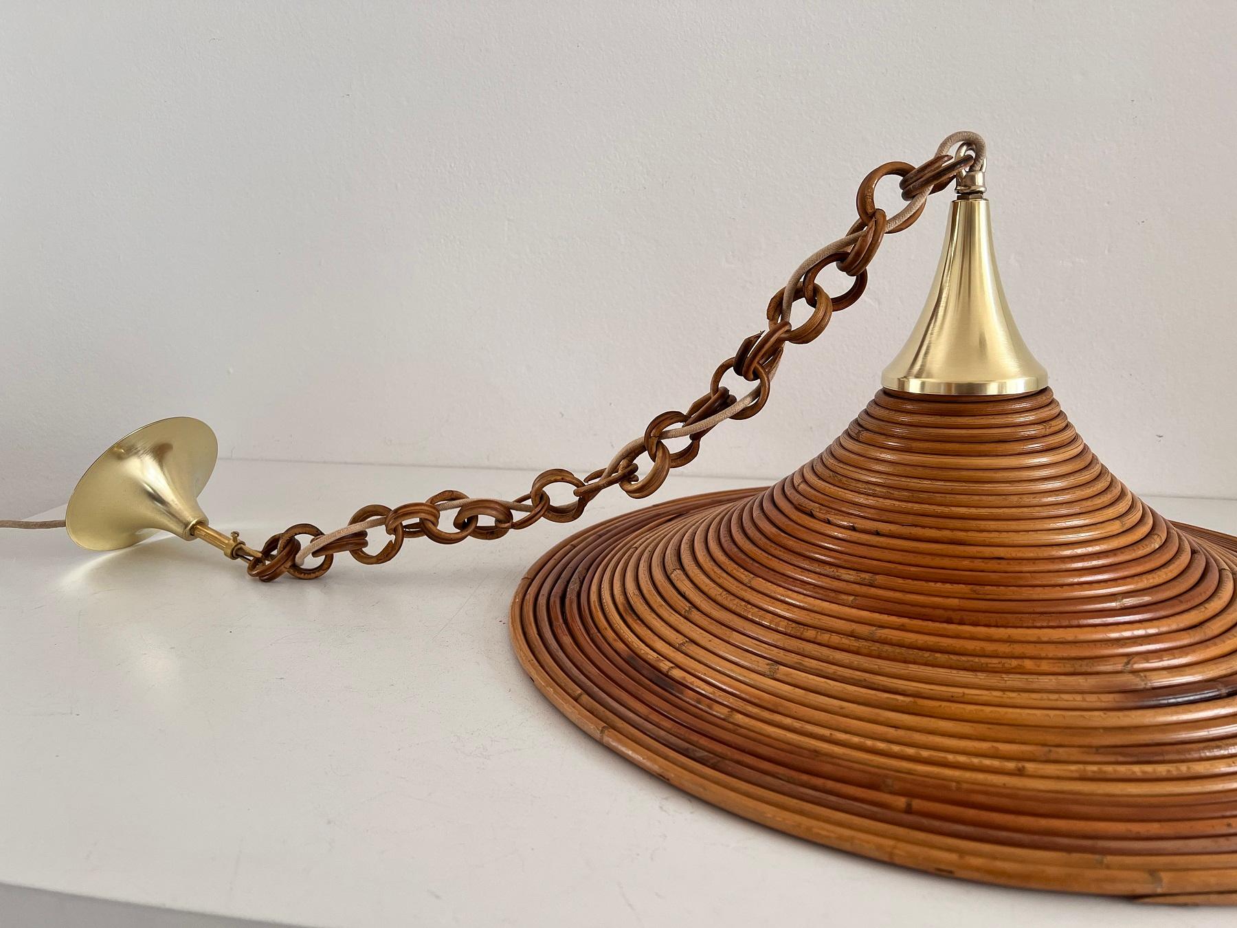 Italian Mid-Century Organic Bamboo Rattan and Brass Pendant Lamp, 1970s For Sale 6