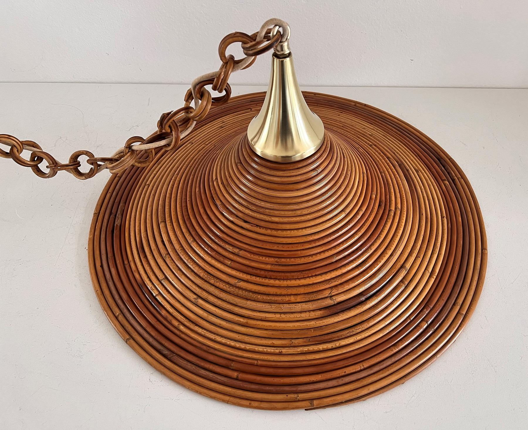 Italian Mid-Century Organic Bamboo Rattan and Brass Pendant Lamp, 1970s For Sale 7