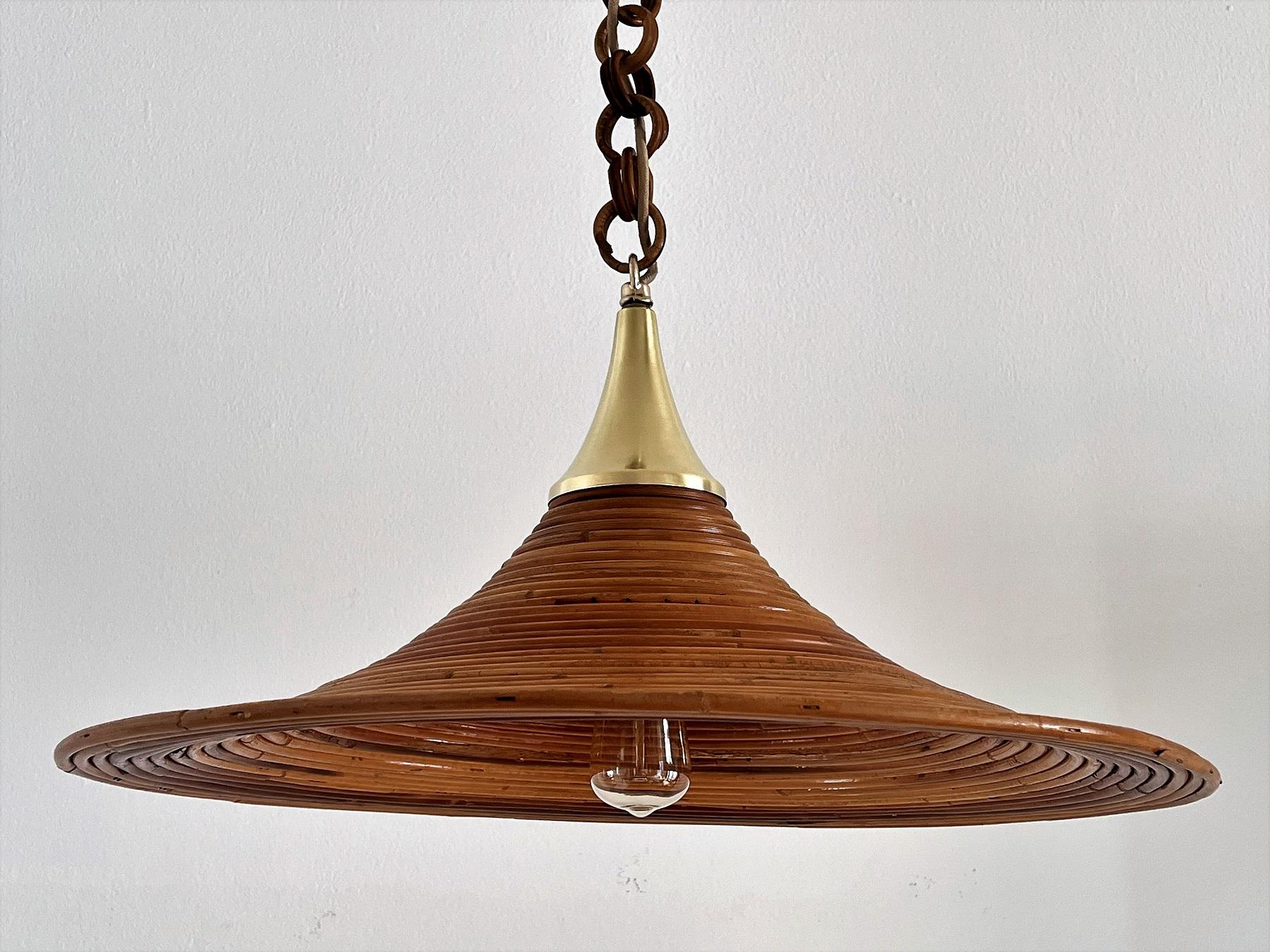 Italian Mid-Century Organic Bamboo Rattan and Brass Pendant Lamp, 1970s For Sale 8