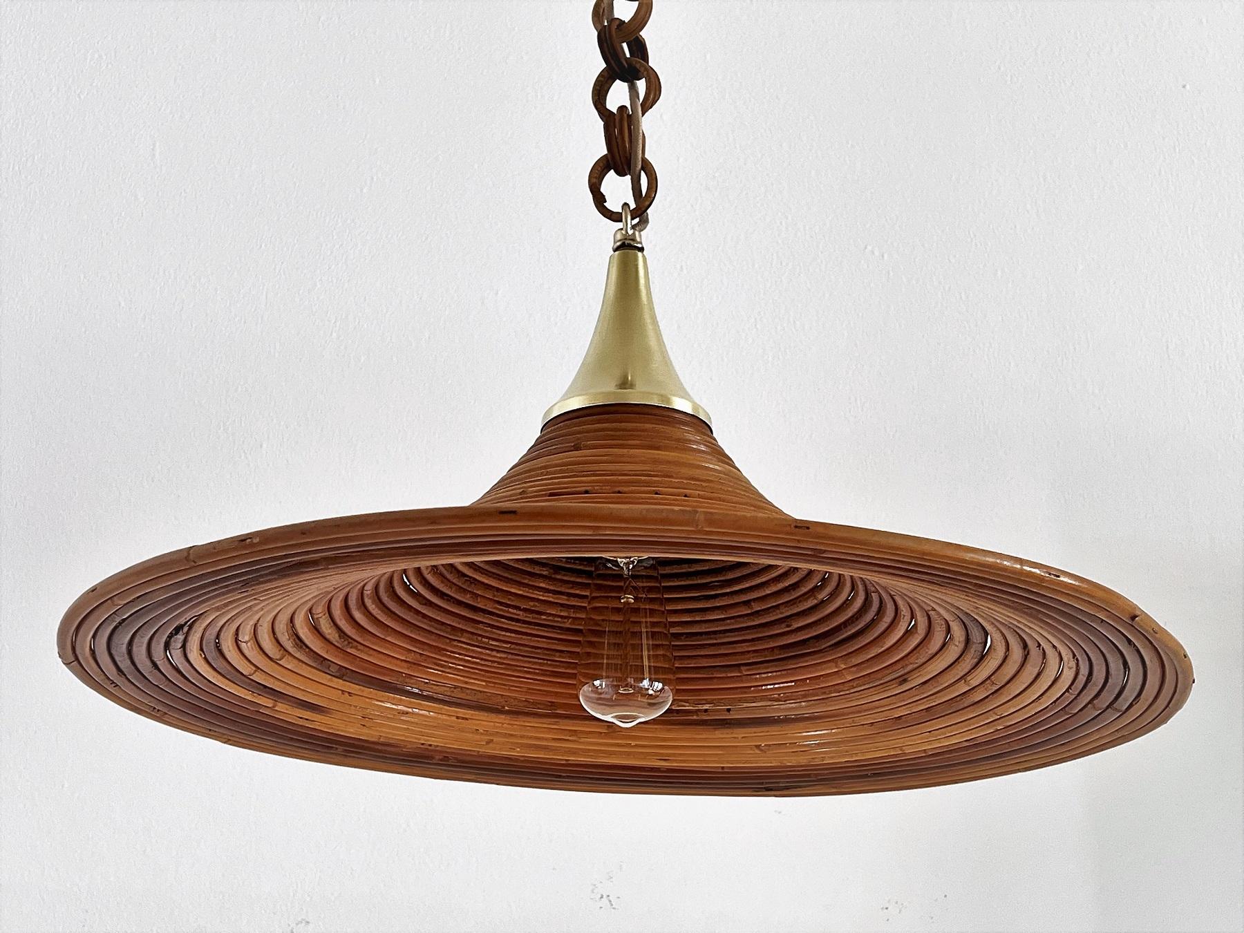 Mid-Century Modern Italian Mid-Century Organic Bamboo Rattan and Brass Pendant Lamp, 1970s For Sale