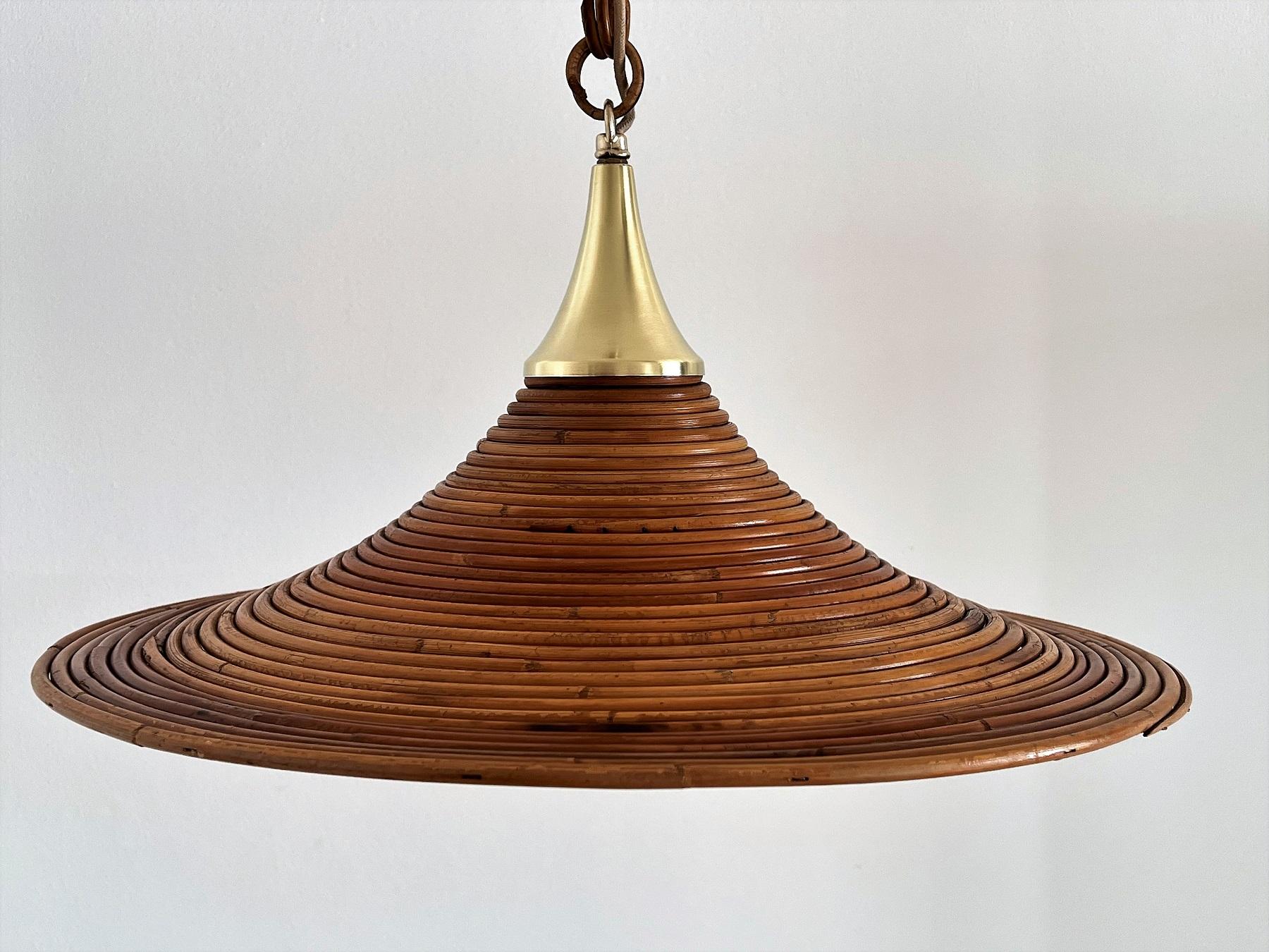 Hand-Crafted Italian Mid-Century Organic Bamboo Rattan and Brass Pendant Lamp, 1970s For Sale