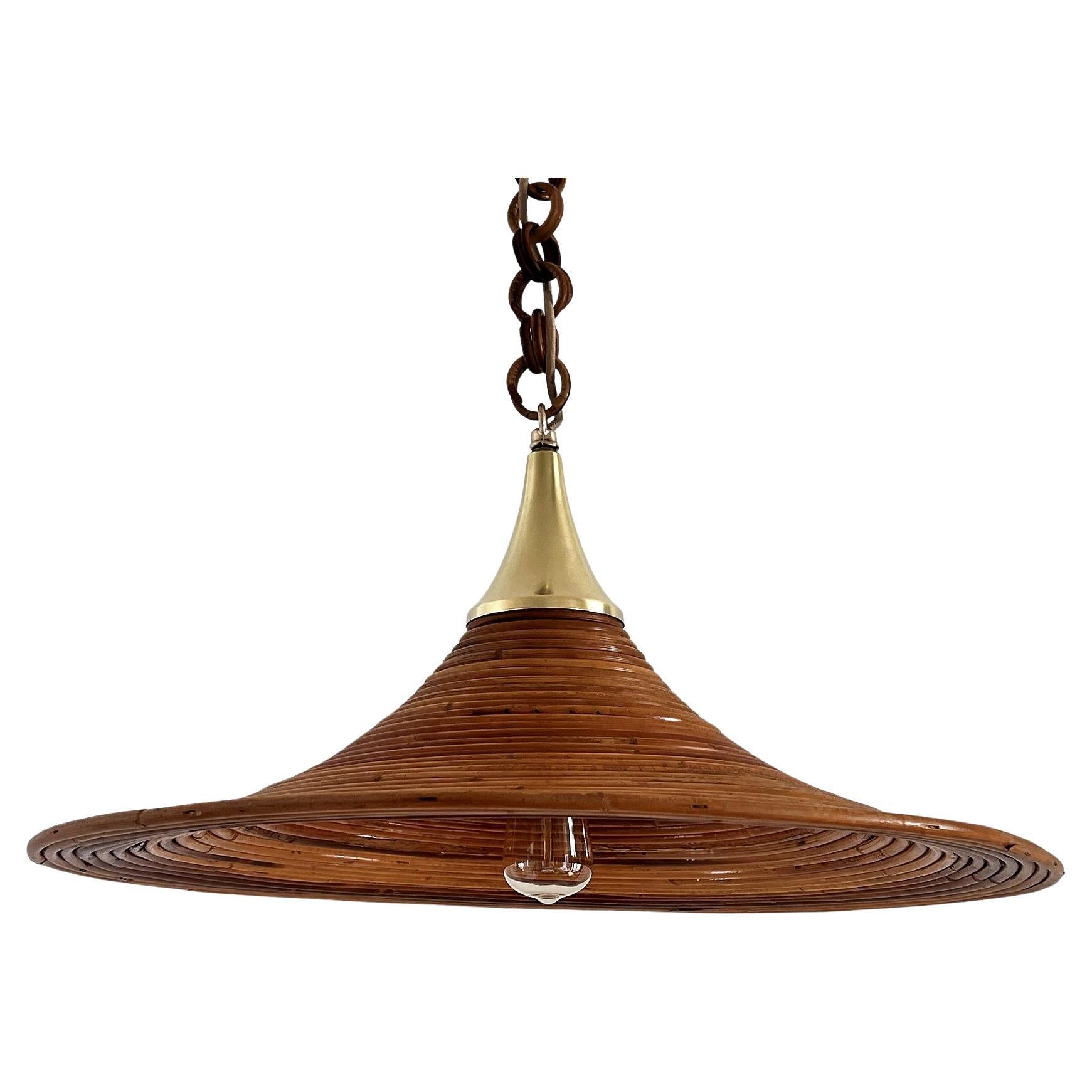 Italian Mid-Century Organic Bamboo Rattan and Brass Pendant Lamp, 1970s For Sale