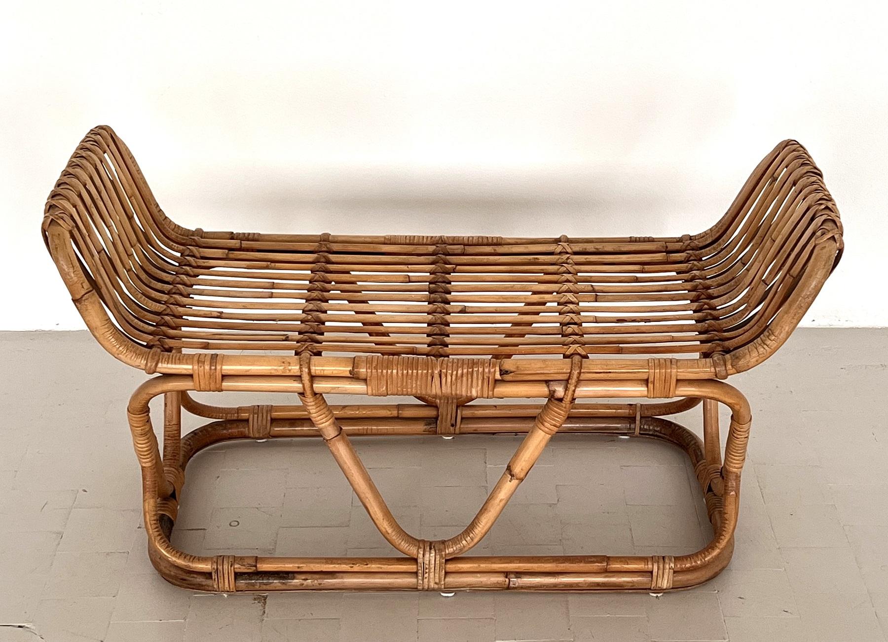 French Provincial Italian Midcentury Organic Rattan Bamboo Bench or Shelf by Tito Agnoli, 1970s For Sale