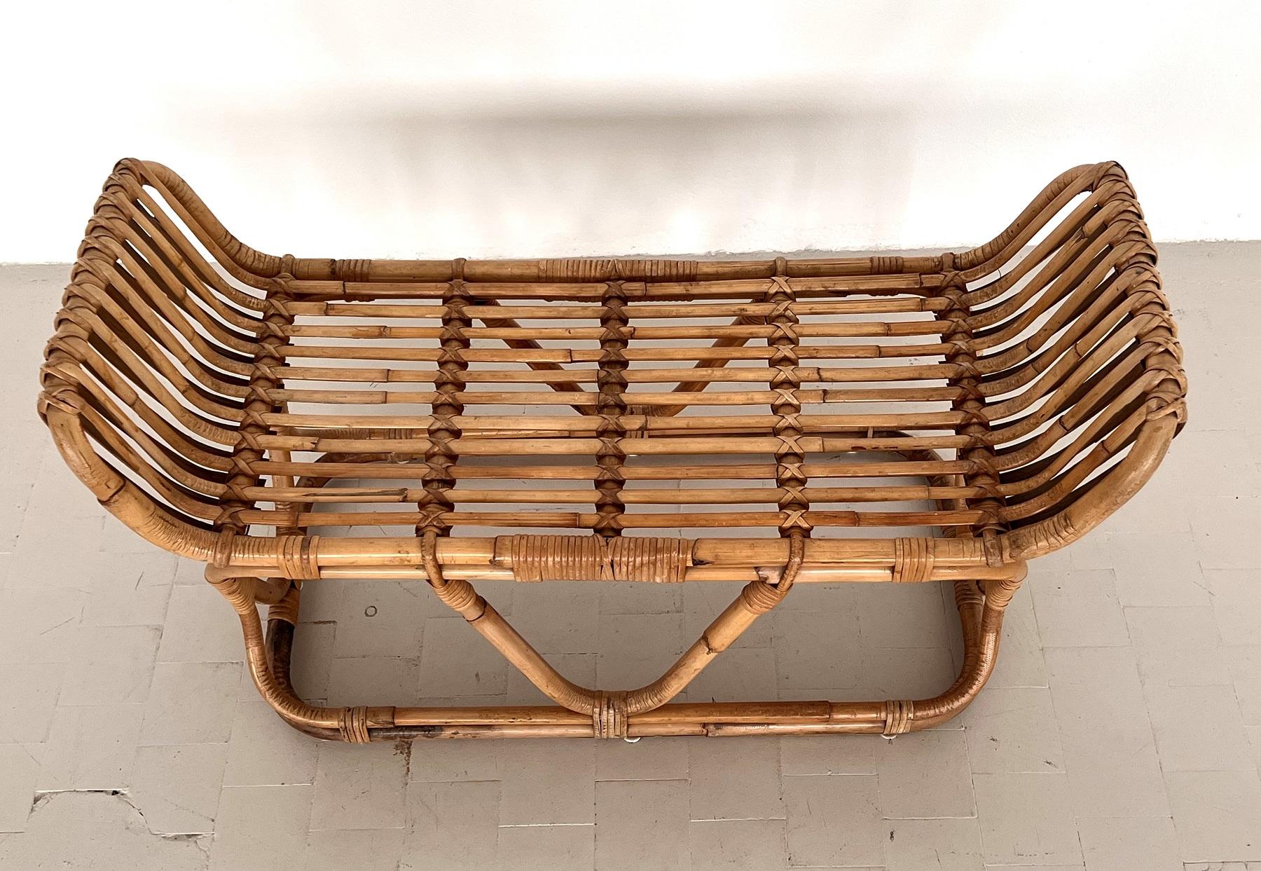 Hand-Crafted Italian Midcentury Organic Rattan Bamboo Bench or Shelf by Tito Agnoli, 1970s For Sale