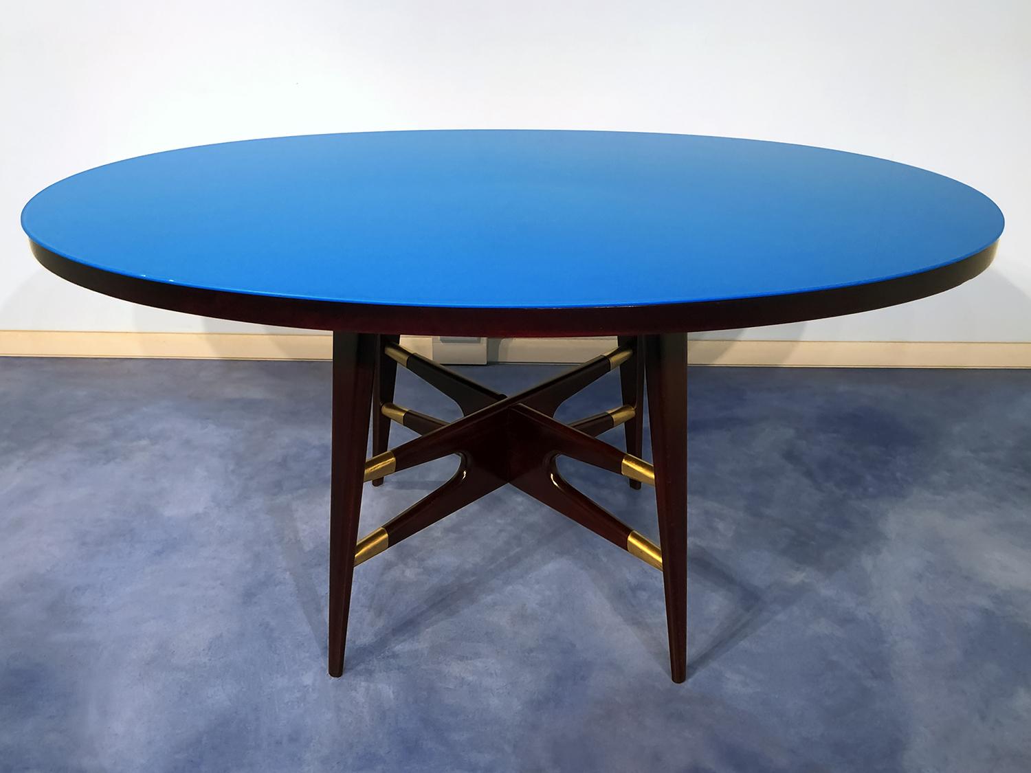 Stained Glass Italian Mid-Century Oval Blue Dining Table by Silvio Cavatorta, 1950s