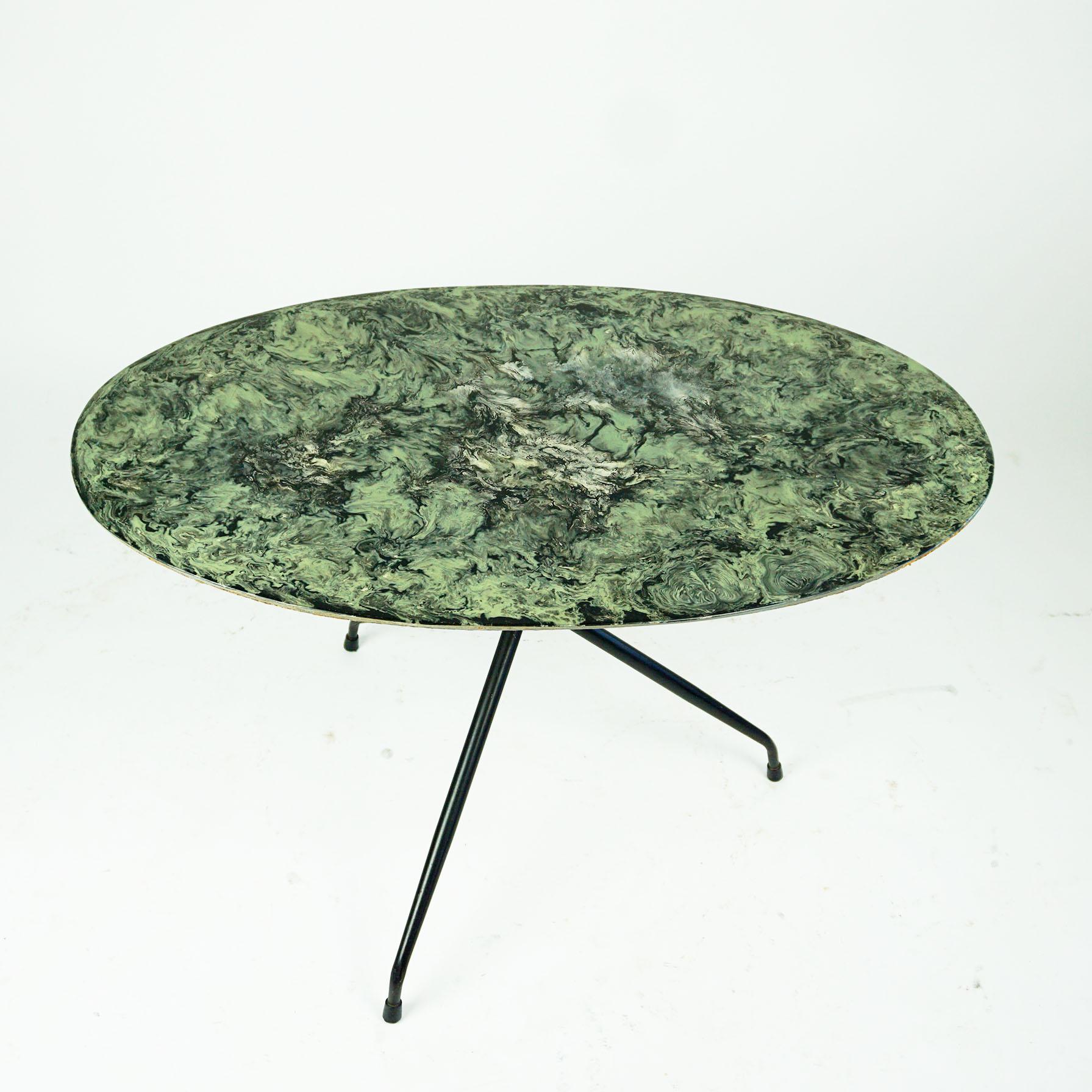 Lacquered Italian Midcentury Oval Cocktail or Coffee Table with Faux Green Marble Top
