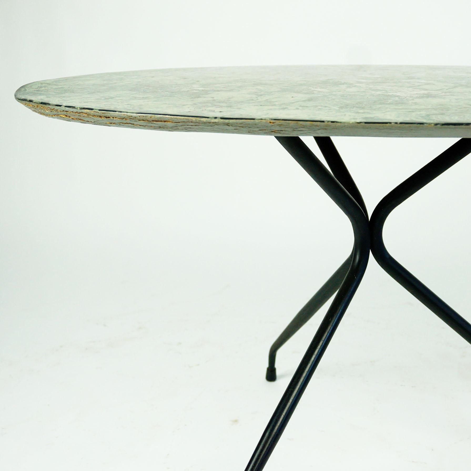 Wood Italian Midcentury Oval Cocktail or Coffee Table with Faux Green Marble Top