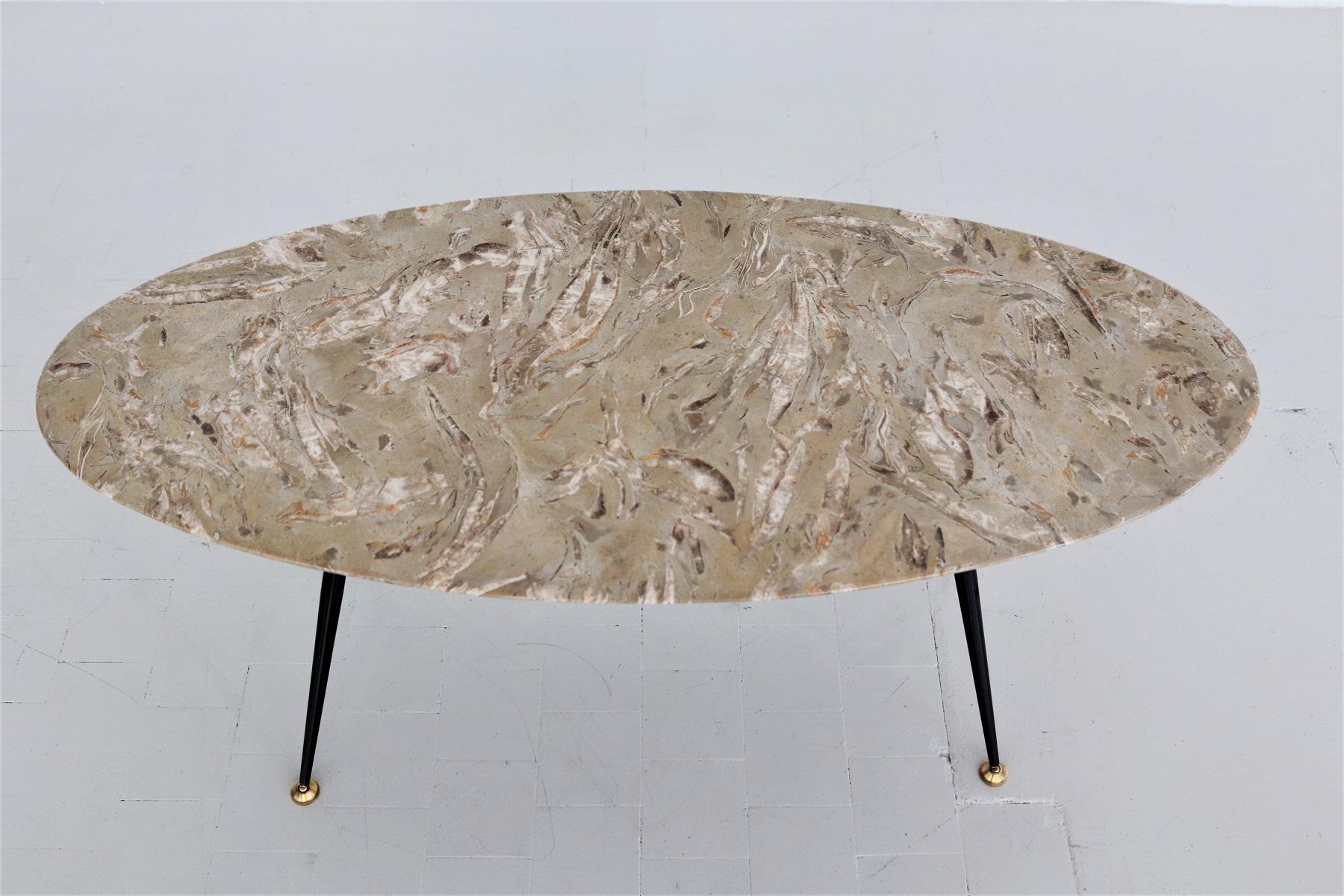 Italian Midcentury Oval Coffee Table with Marble Top and Brass Tips, 1950s 7