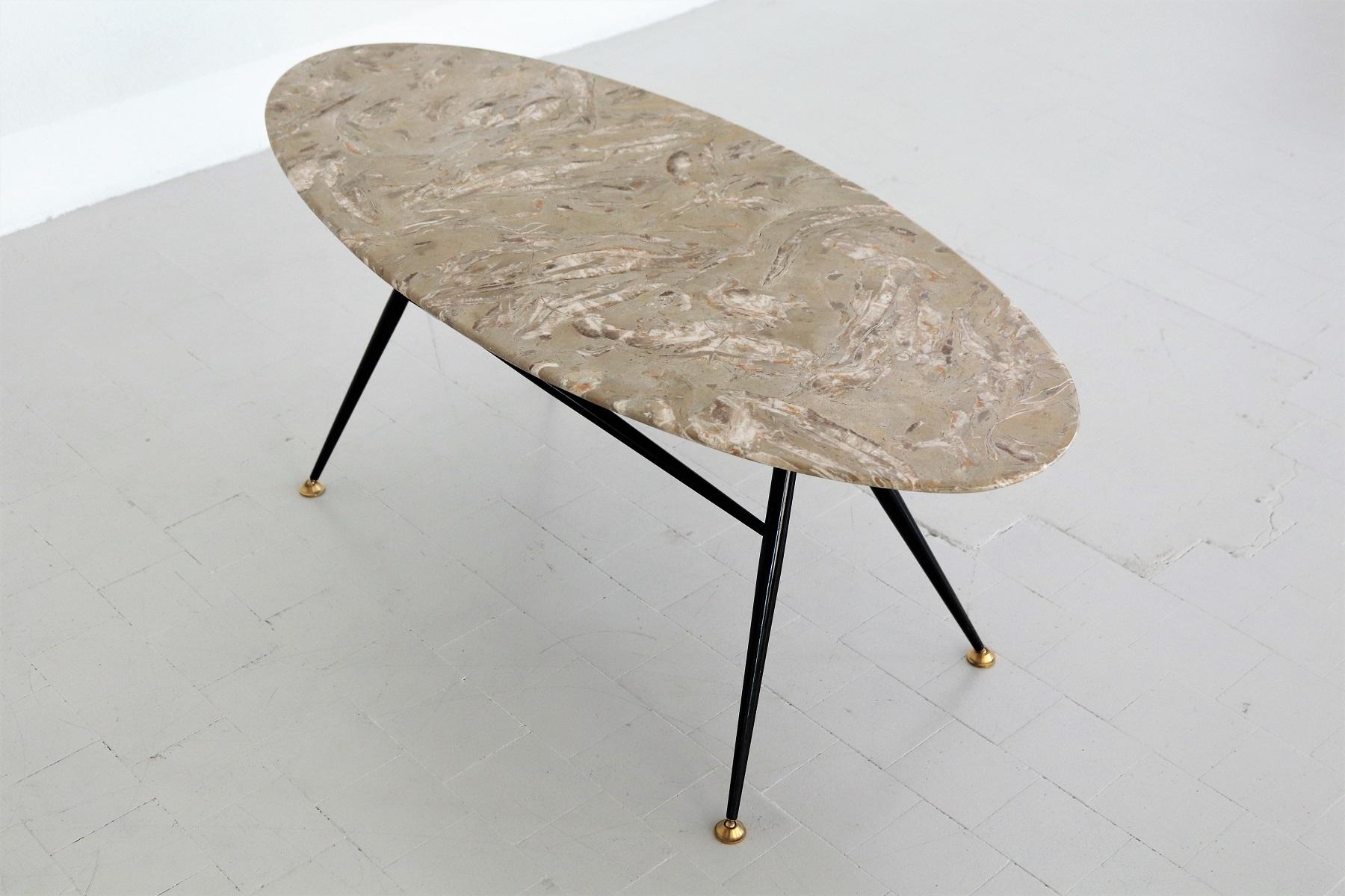 Italian Midcentury Oval Coffee Table with Marble Top and Brass Tips, 1950s 9