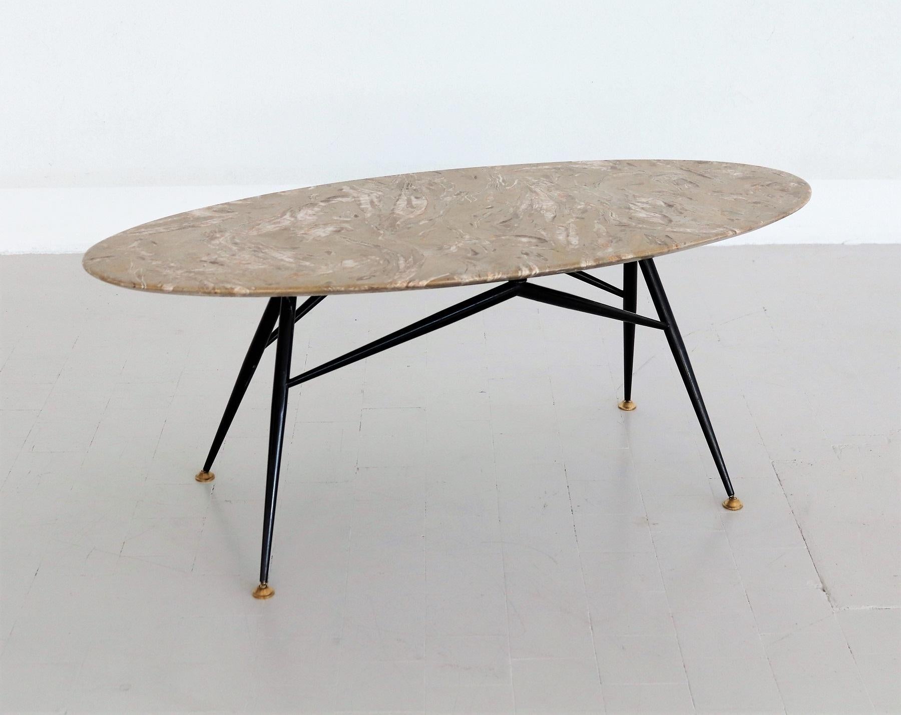 Italian Midcentury Oval Coffee Table with Marble Top and Brass Tips, 1950s 10