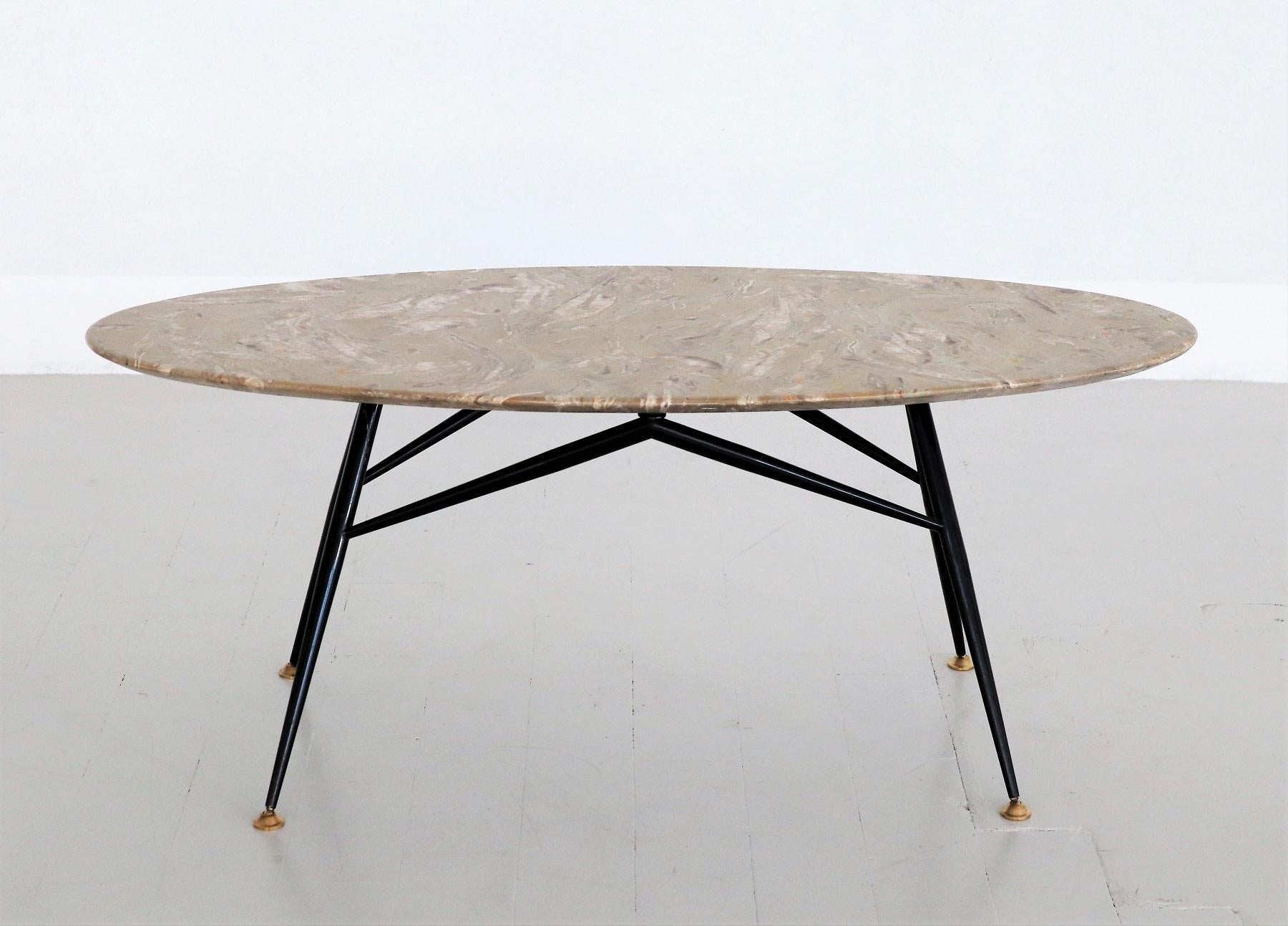 Mid-Century Modern Italian Midcentury Oval Coffee Table with Marble Top and Brass Tips, 1950s