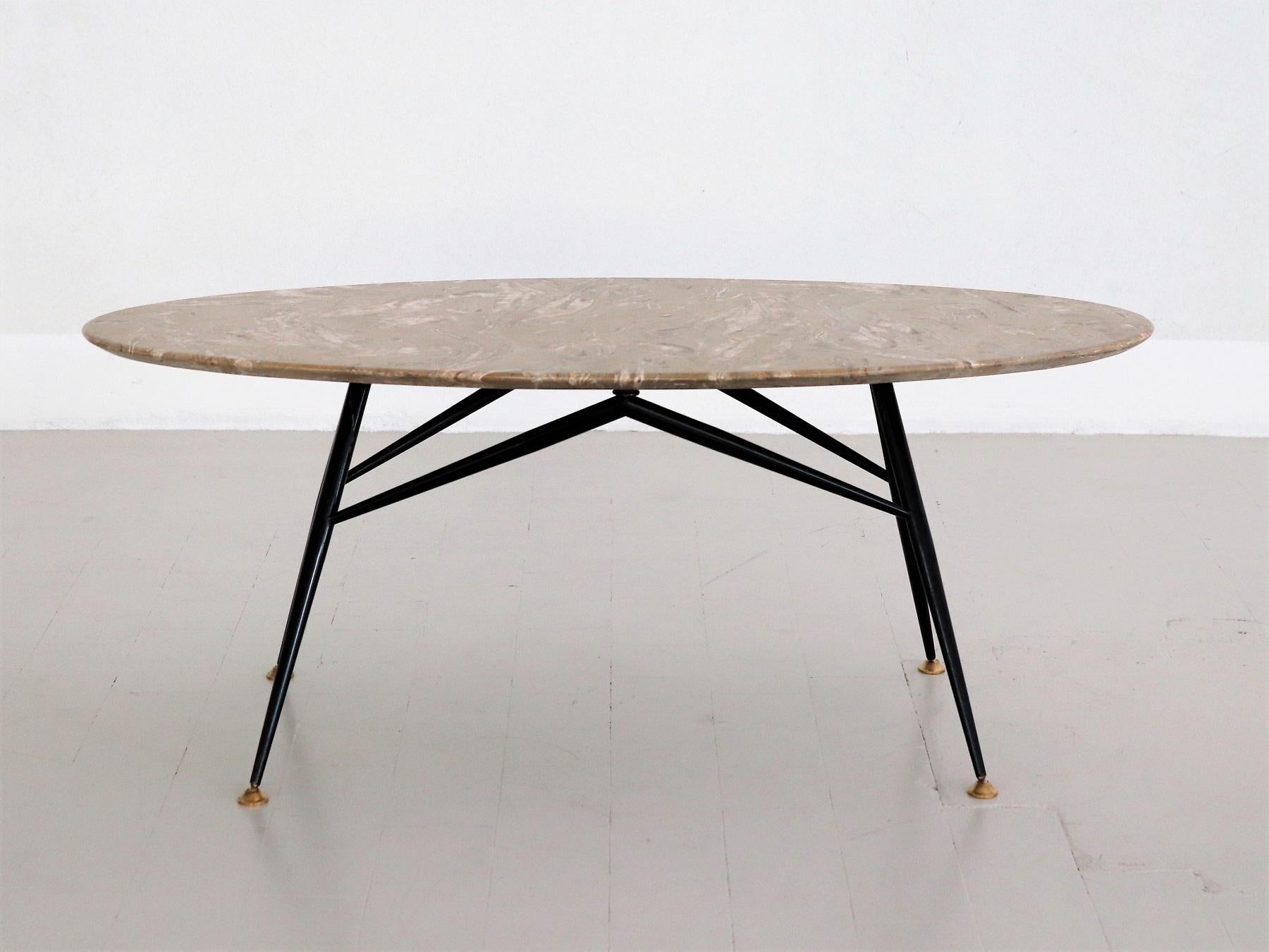 Mid-20th Century Italian Midcentury Oval Coffee Table with Marble Top and Brass Tips, 1950s