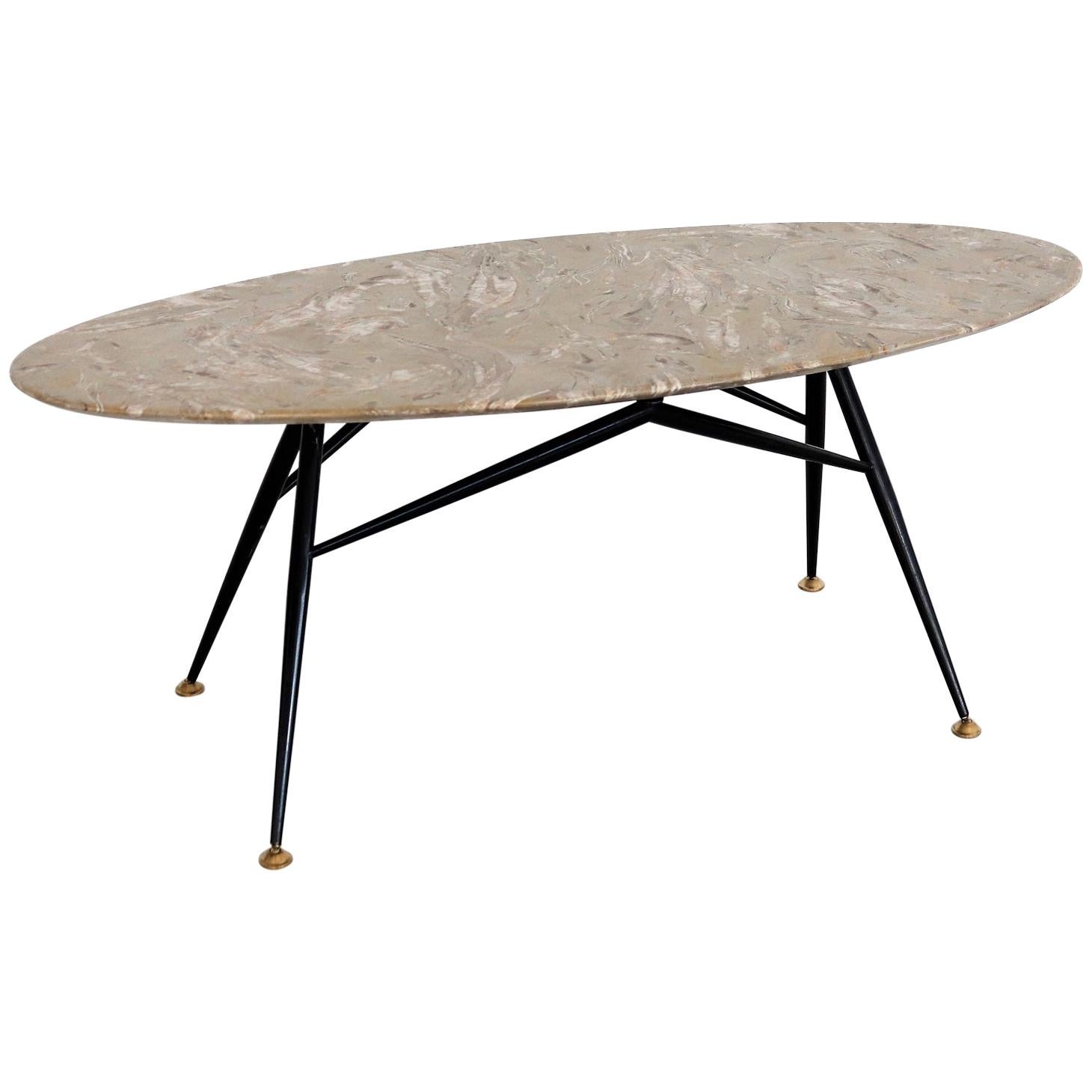 Italian Midcentury Oval Coffee Table with Marble Top and Brass Tips, 1950s