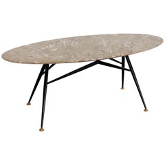 Italian Midcentury Oval Coffee Table with Marble Top and Brass Tips, 1950s