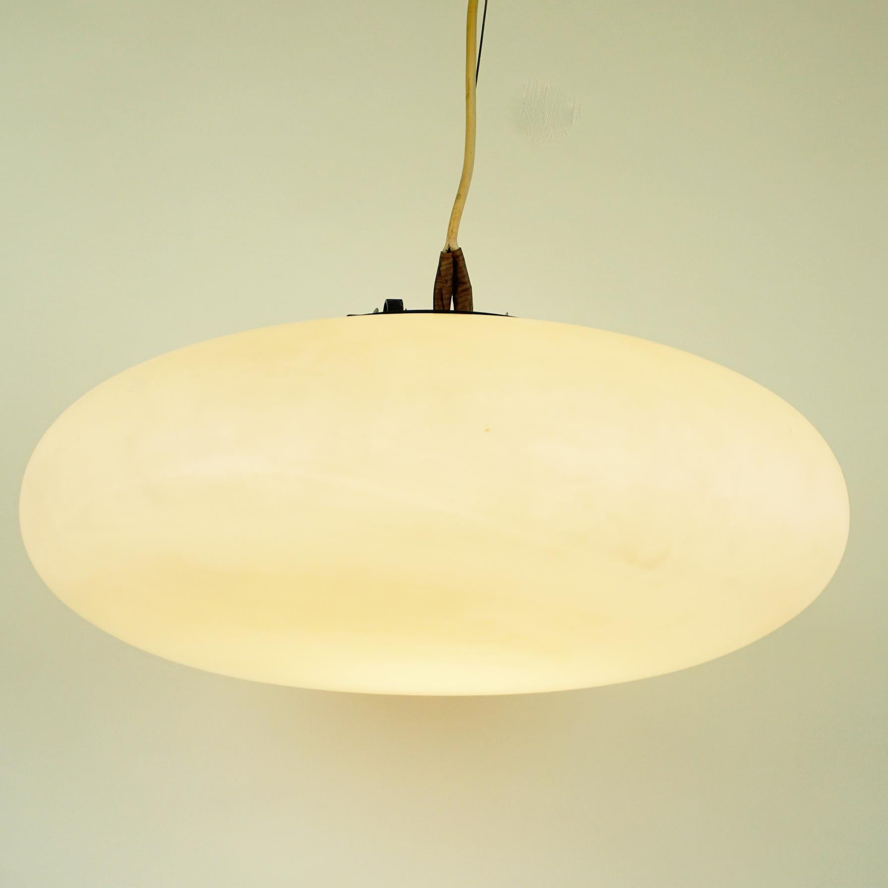 Lacquered Italian Midcentury Oval Opaline Glass Chandelier in the Style of Stilnovo