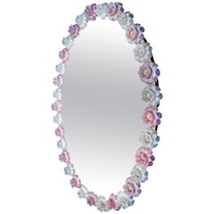 Italian Midcentury Oval Pink and White Charming Murano Glass Mirror