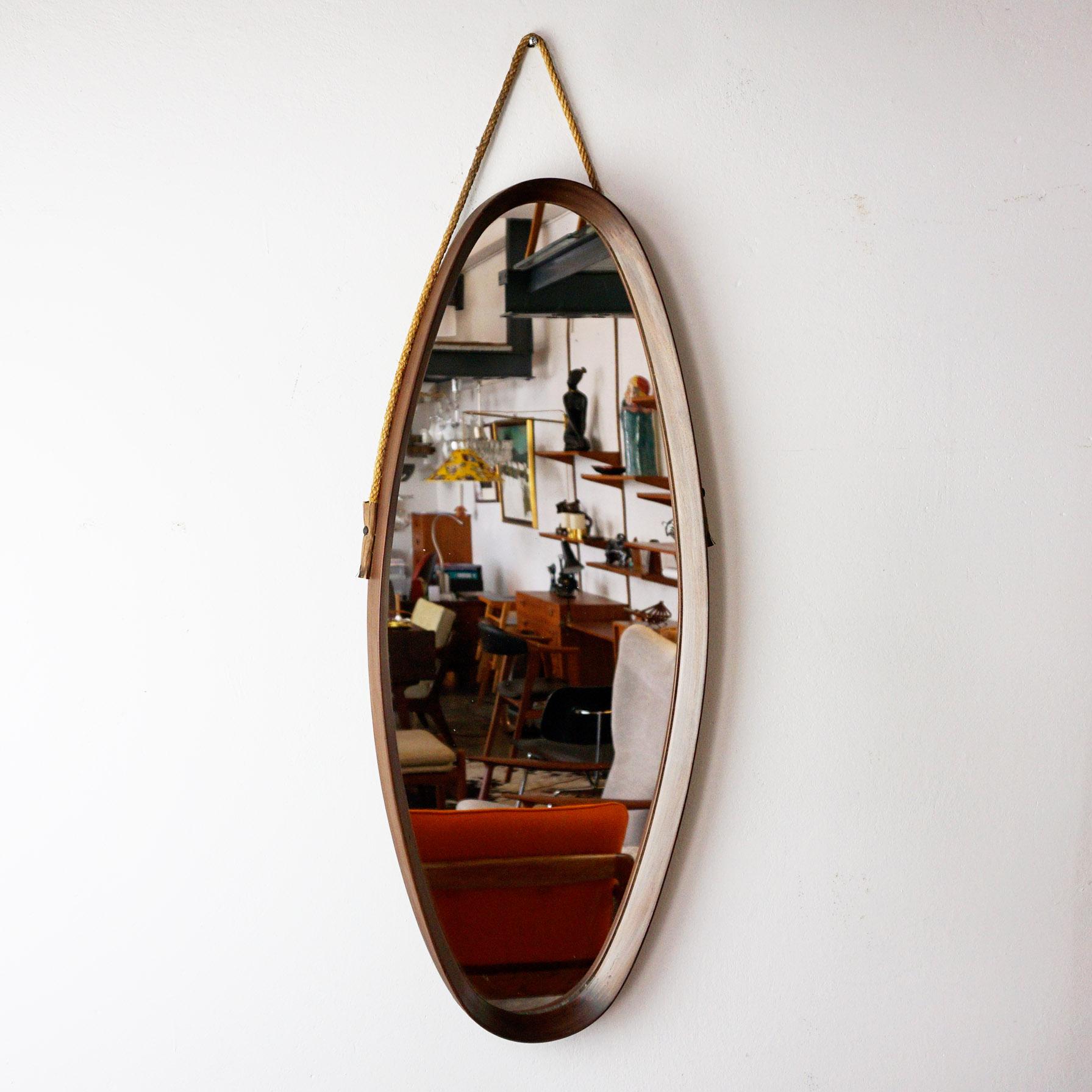 Mid-20th Century Italian Midcentury Oval Rosewood Wall Mirror with Rope