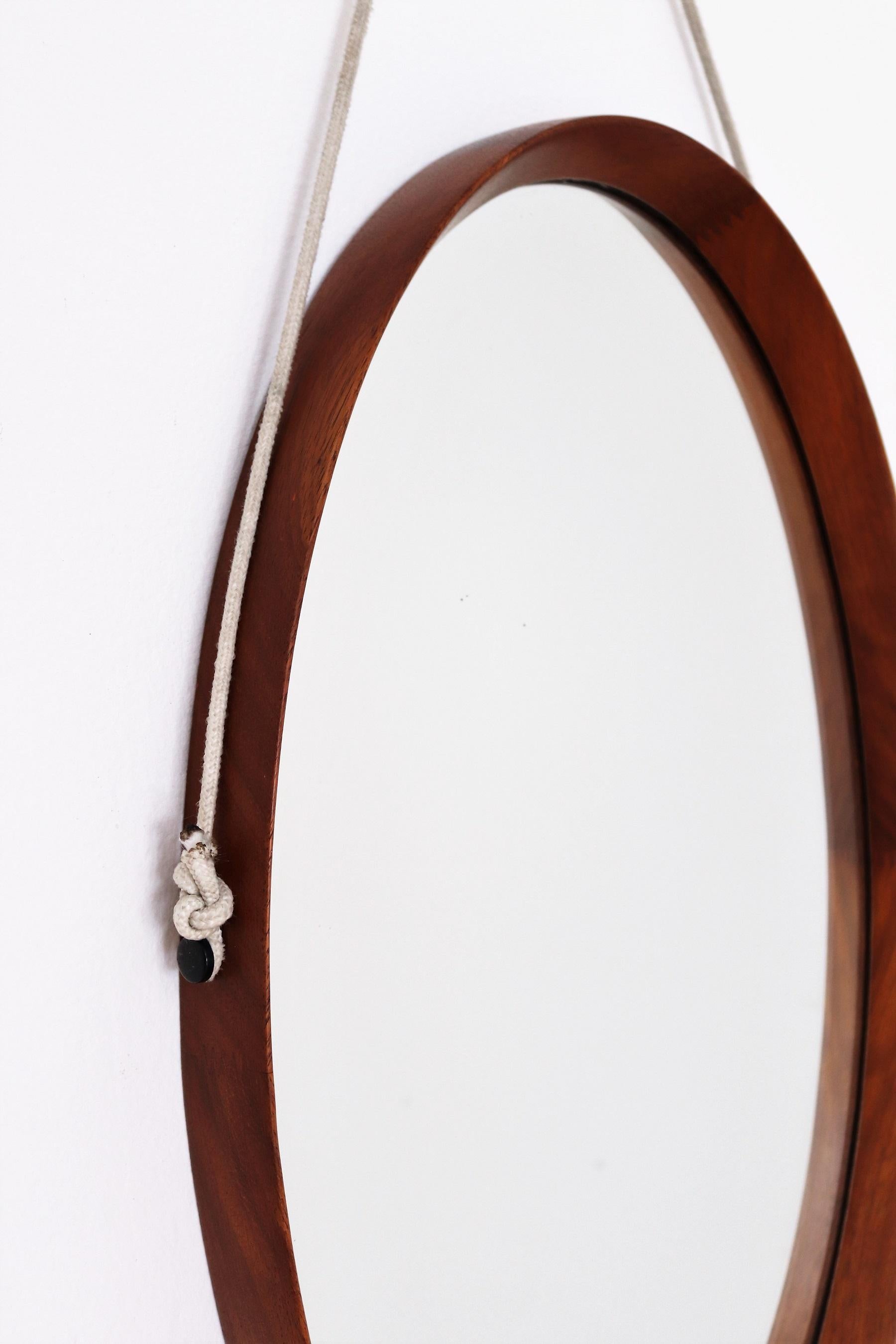 Italian Midcentury Oval Teak Wall Mirror with Cord Hanging, 1960s 5