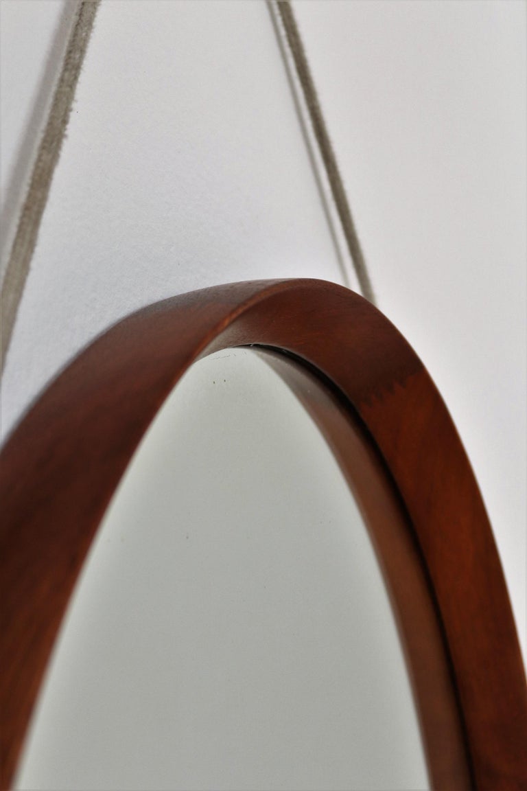 Italian Midcentury Oval Teak Wall Mirror with Cord Hanging, 1960s 6