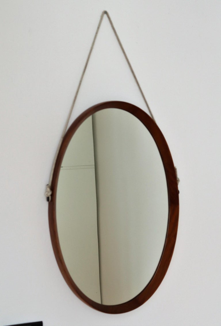 Italian Midcentury Oval Teak Wall Mirror with Cord Hanging, 1960s 7