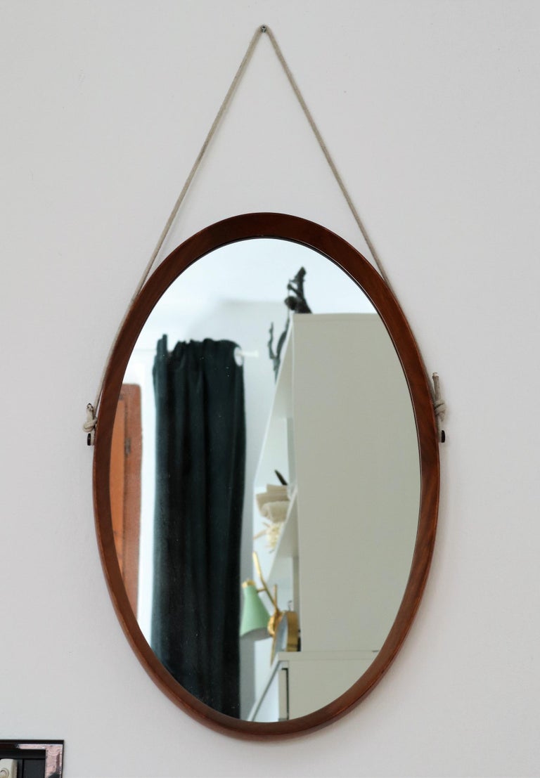 Italian Midcentury Oval Teak Wall Mirror with Cord Hanging, 1960s 8