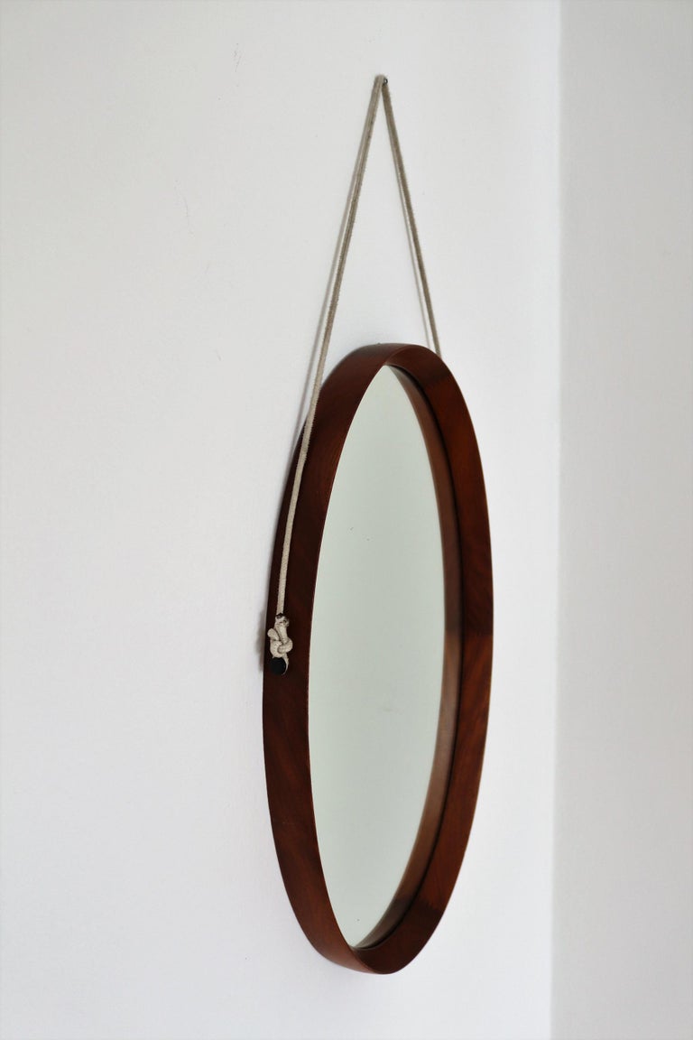 Italian Midcentury Oval Teak Wall Mirror with Cord Hanging, 1960s 10