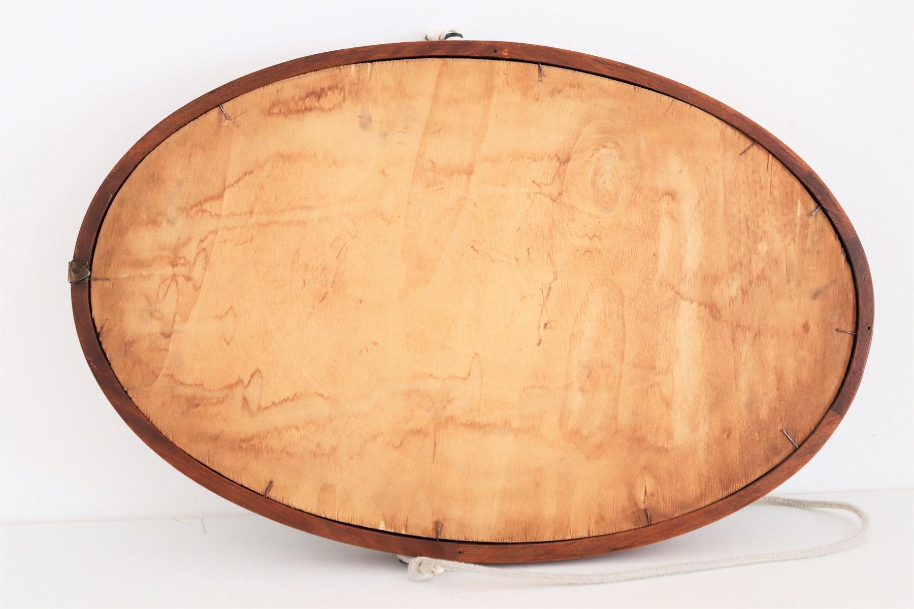Italian Midcentury Oval Teak Wall Mirror with Cord Hanging, 1960s 11