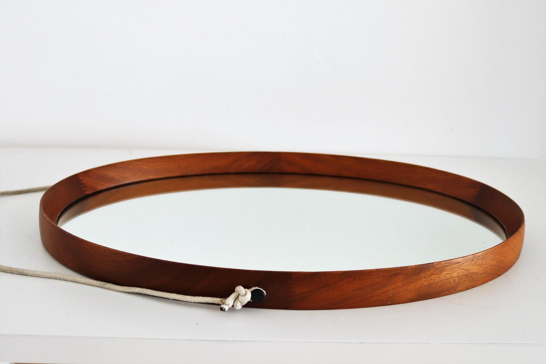 Mid-Century Modern Italian Midcentury Oval Teak Wall Mirror with Cord Hanging, 1960s