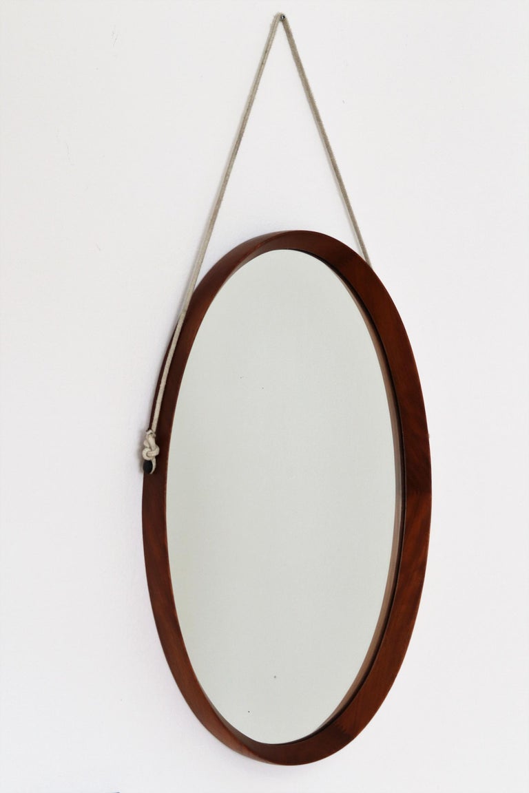 Italian Midcentury Oval Teak Wall Mirror with Cord Hanging, 1960s 3