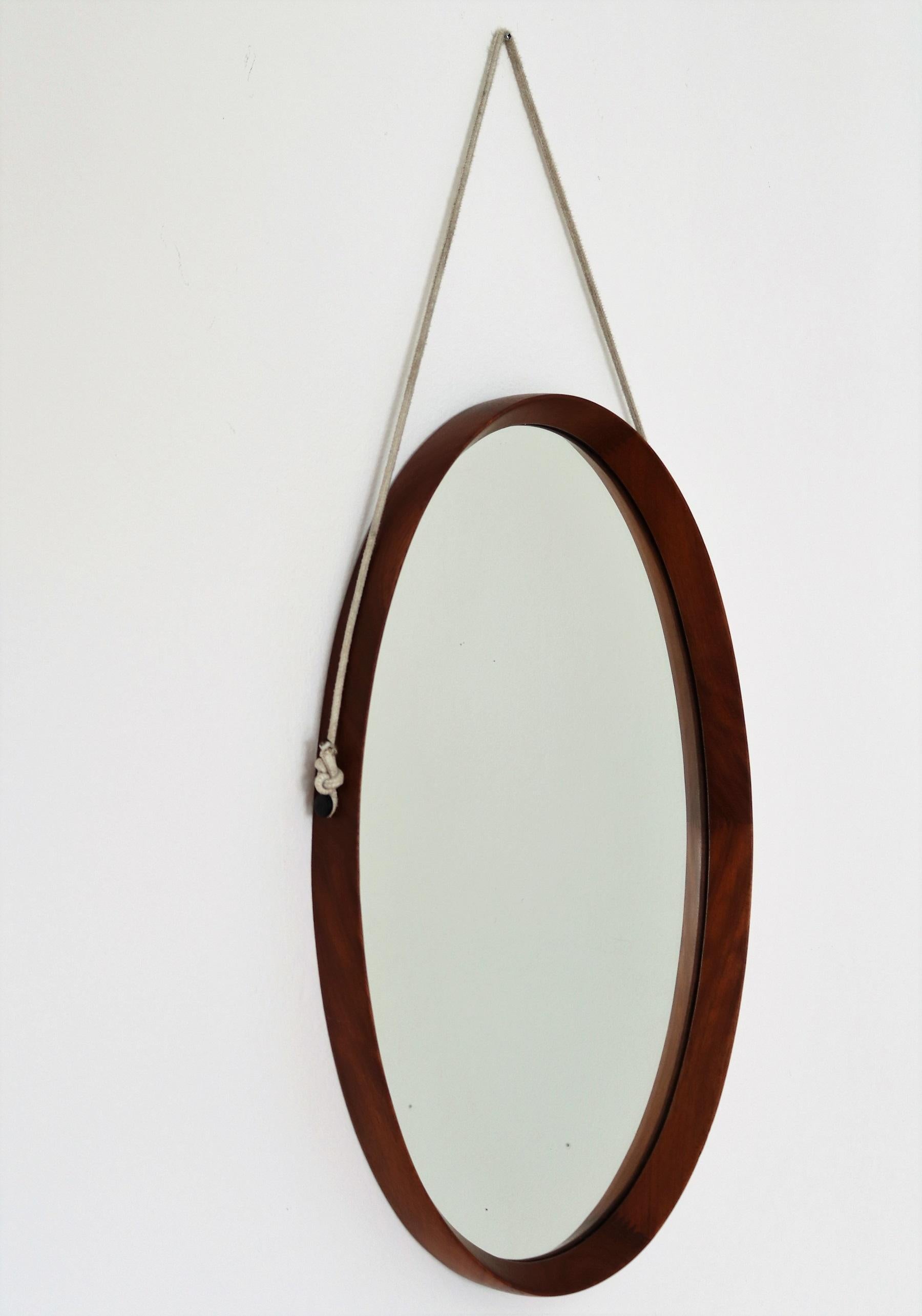 Italian Midcentury Oval Teak Wall Mirror with Cord Hanging, 1960s 4