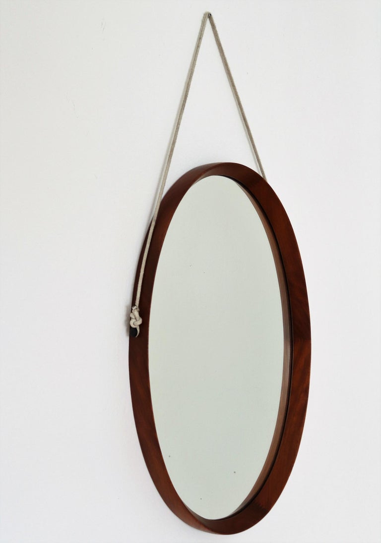 Italian Midcentury Oval Teak Wall Mirror with Cord Hanging, 1960s 4
