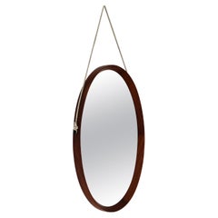 Italian Midcentury Oval Teak Wall Mirror with Cord Hanging, 1960s