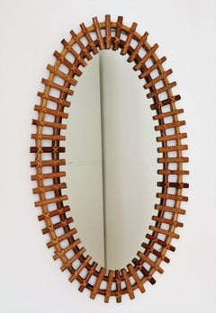 Italian Midcentury Oval Wall Mirror With Bamboo Frame, 1960s