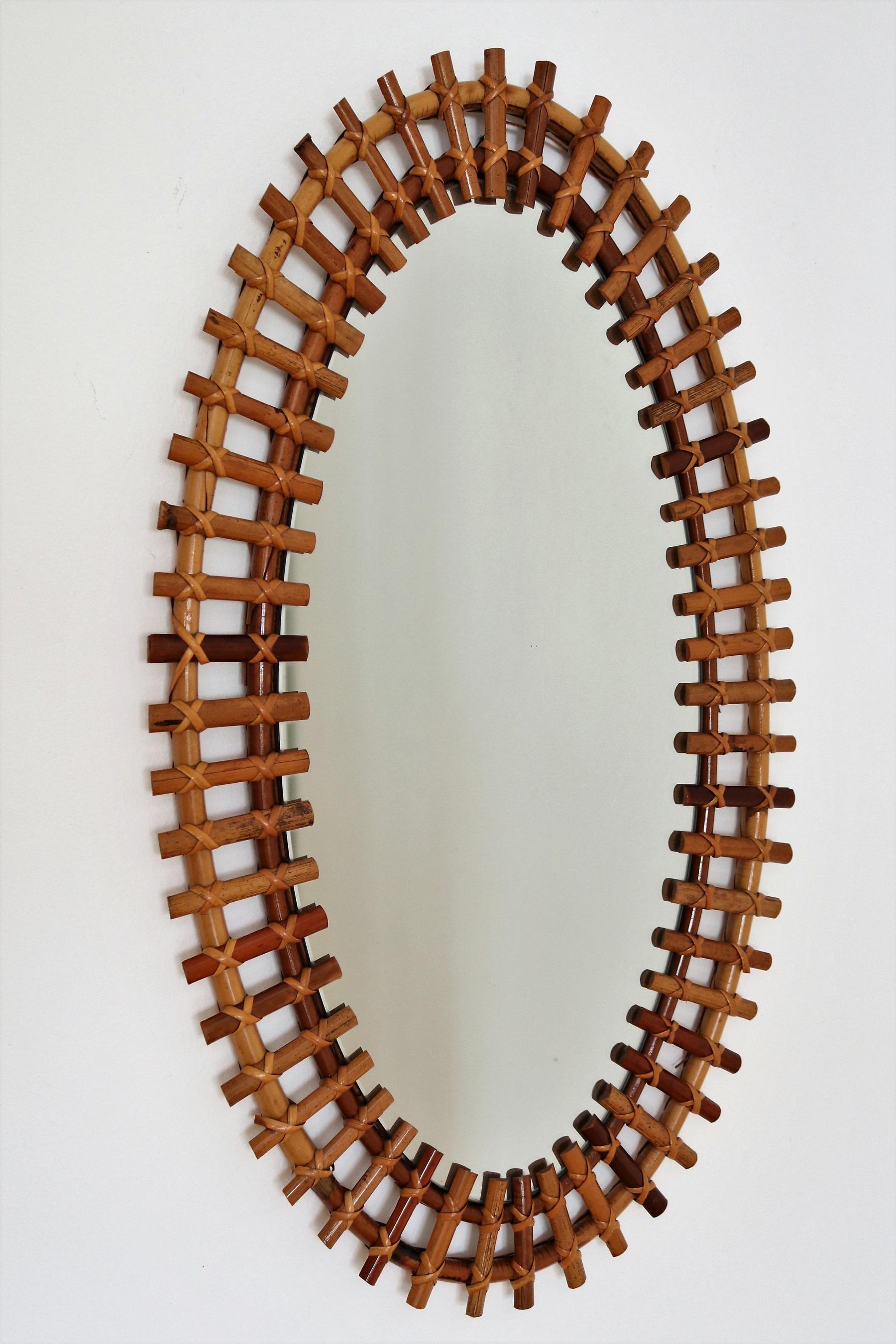 Italian Midcentury Oval Wall Mirror With Bamboo Frame, 1960s 2