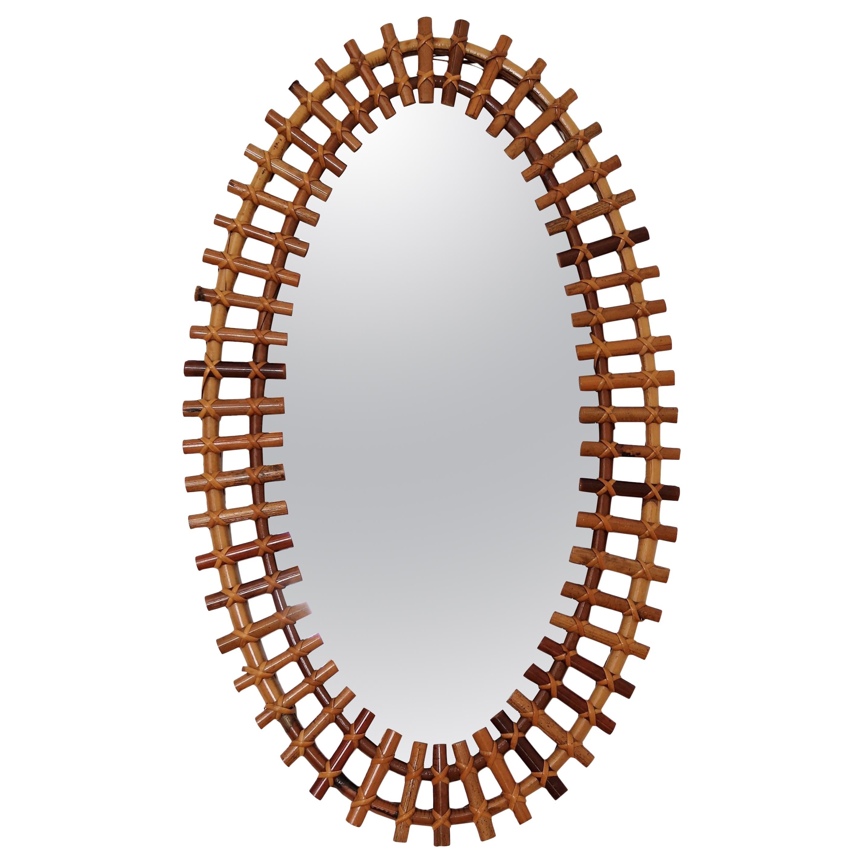 Italian Midcentury Oval Wall Mirror With Bamboo Frame, 1960s