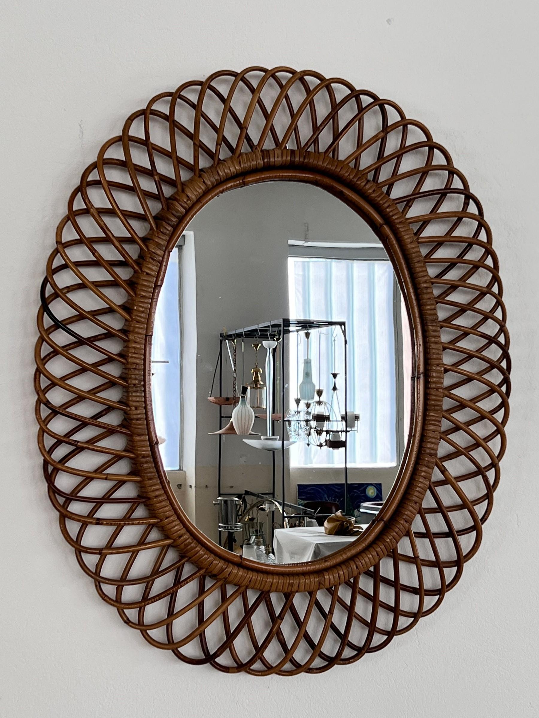 Italian Midcentury Oval Wall Mirror With Bamboo Frame Franco Albini Style, 1960s For Sale 11