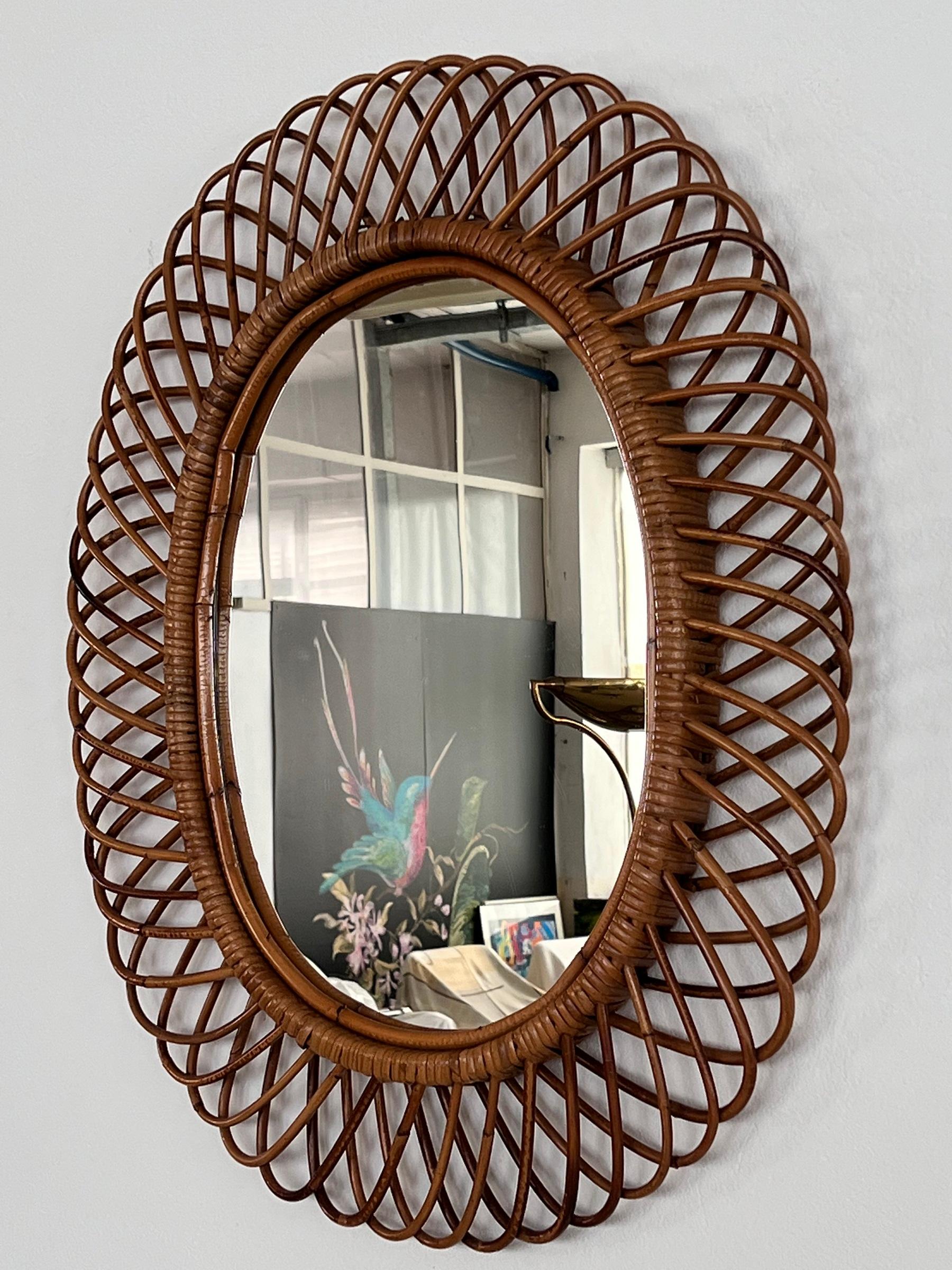 Mid-Century Modern Italian Midcentury Oval Wall Mirror With Bamboo Frame Franco Albini Style, 1960s For Sale