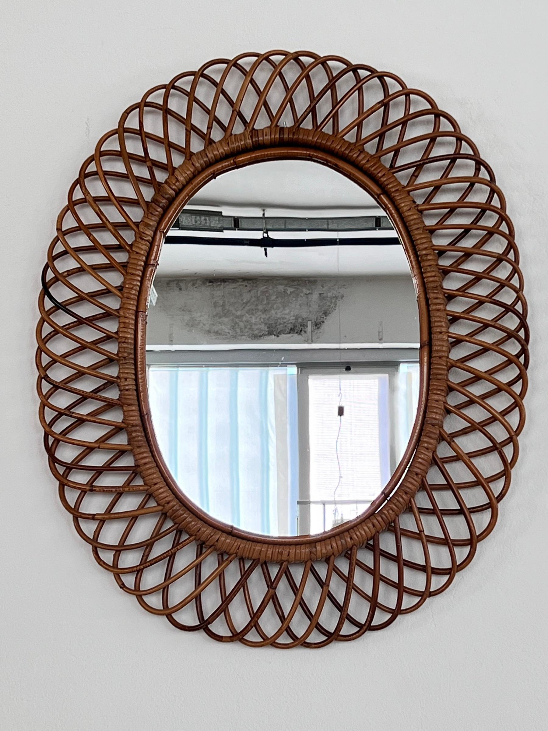 Mid-20th Century Italian Midcentury Oval Wall Mirror With Bamboo Frame Franco Albini Style, 1960s For Sale
