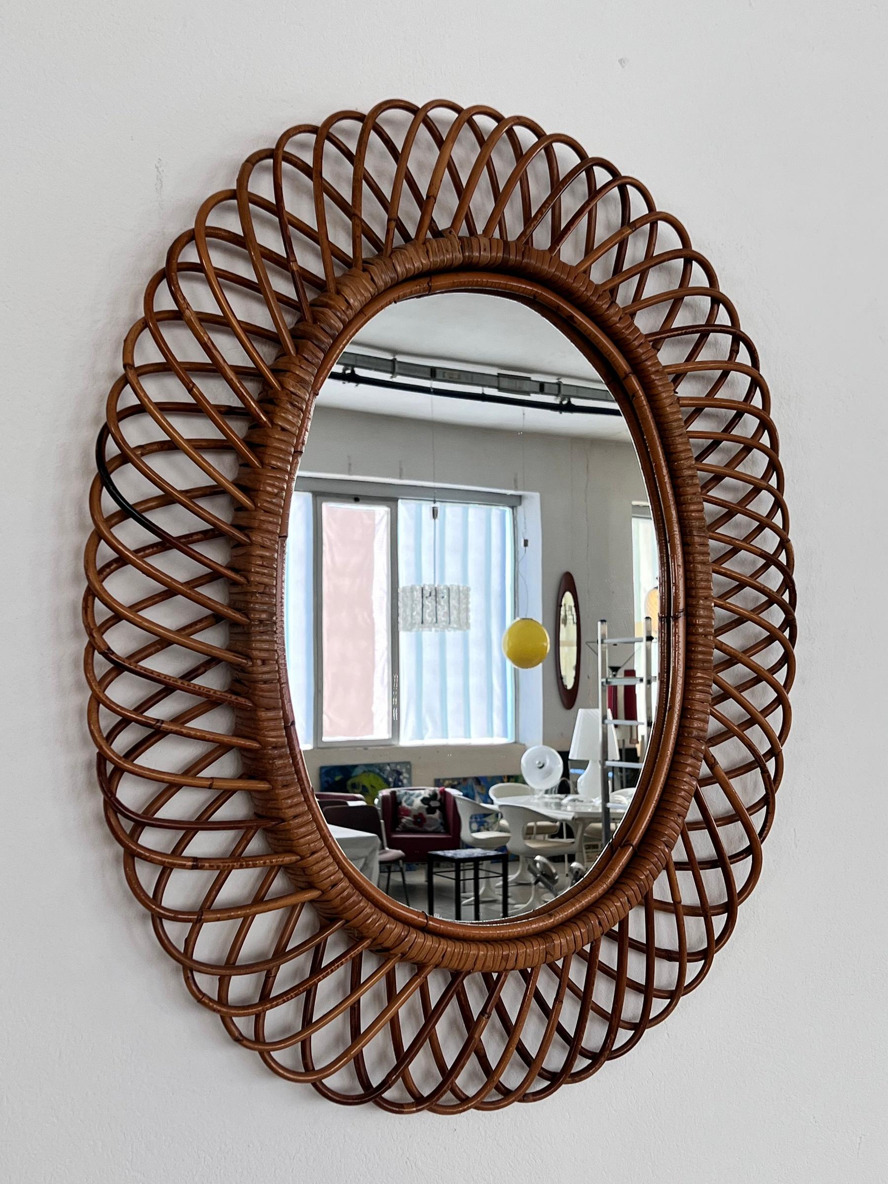 Italian Midcentury Oval Wall Mirror With Bamboo Frame Franco Albini Style, 1960s For Sale 1